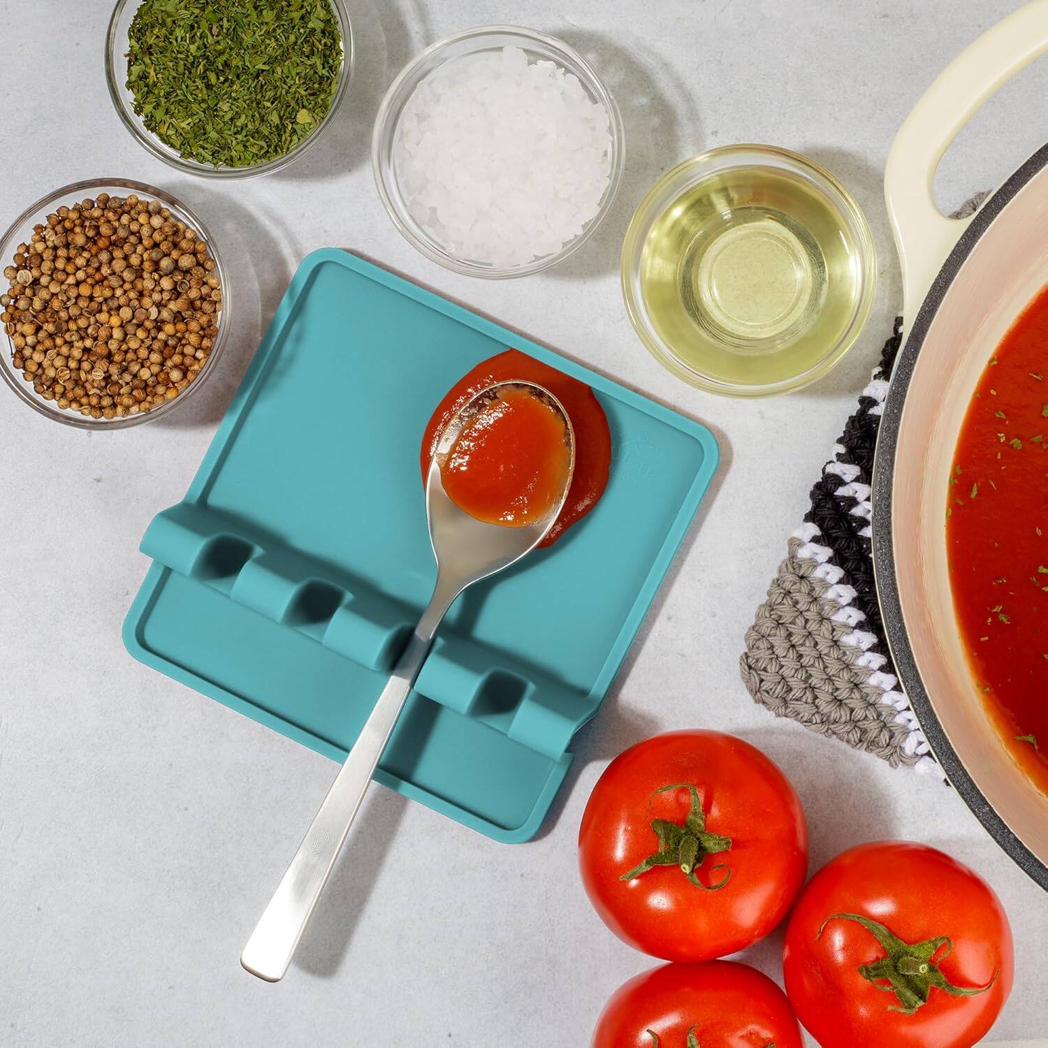 Angle. Zulay Kitchen - Zulay Kitchen Silicone Utensil Rest with Drip Pad for Multiple Utensils - Heat-Resistant & Spoon Holder for Stove Top - Aqua Sky.