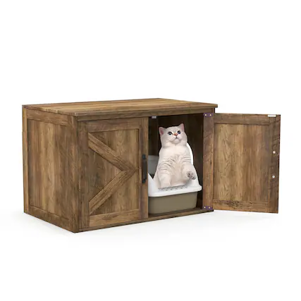 Front. Gymax - Gymax Cat Litter Box Enclosure w/ Double Barn Doors Removable Divider Middle Entry - Oak.