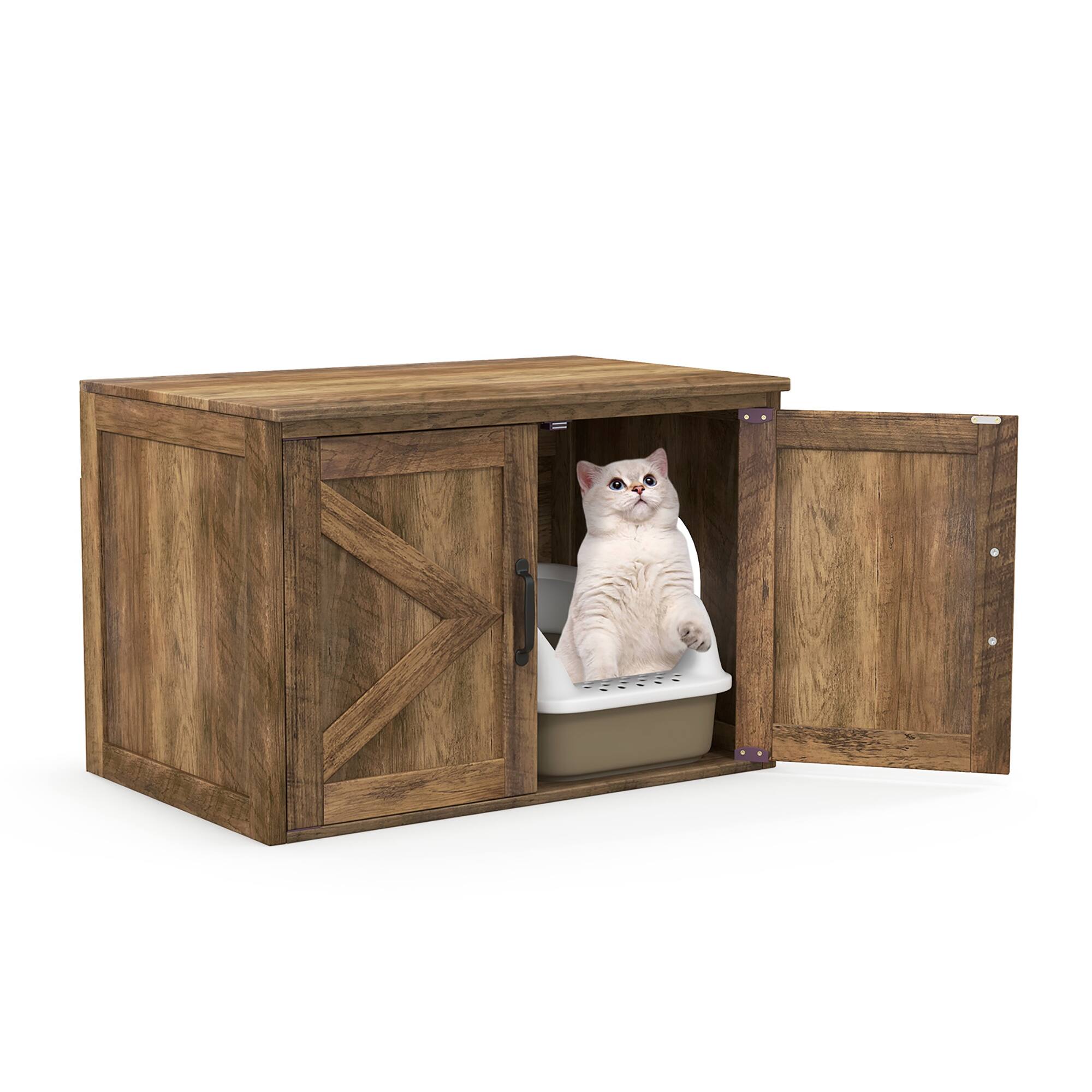 Gymax - Cat Litter Box Enclosure w/ Double Barn Doors Removable Divider Middle Entry - Oak