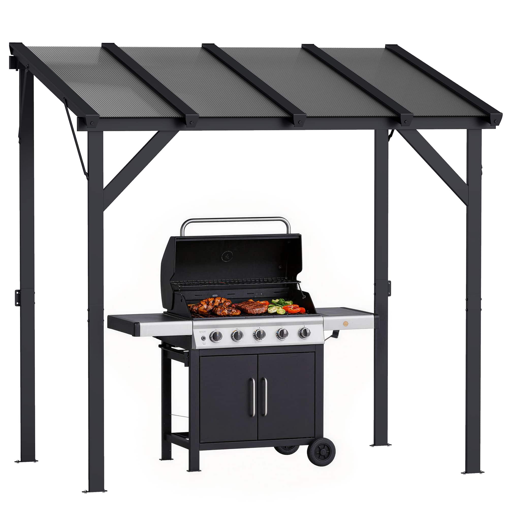Outsunny - 8' x 5' Hardtop Grill Gazebo, Lean-to BBQ Gazebo Shelter, Wall-Mounted Pergola with Polycarbonate Roof and Steel Frame