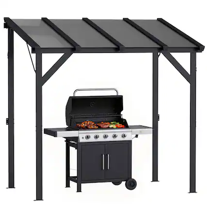 Front. Outsunny - 8' x 5' Hardtop Grill Gazebo, Lean-to BBQ Gazebo Shelter, Wall-Mounted Pergola with Polycarbonate Roof and Steel Frame.