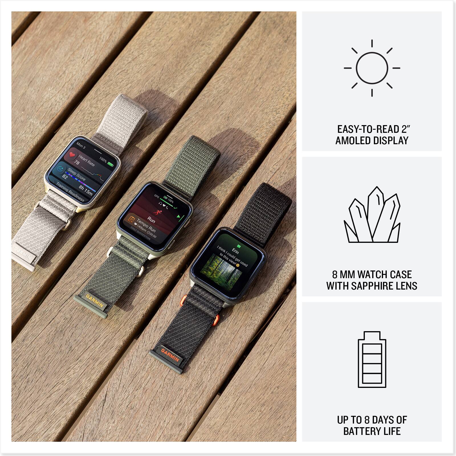 - EASY-TO-READ 2" AMOLED DISPLAY
- 8 MM WATCH CASE WITH SAPPHIRE LENS
- UP TO 8 DAYS OF BATTERY LIFE