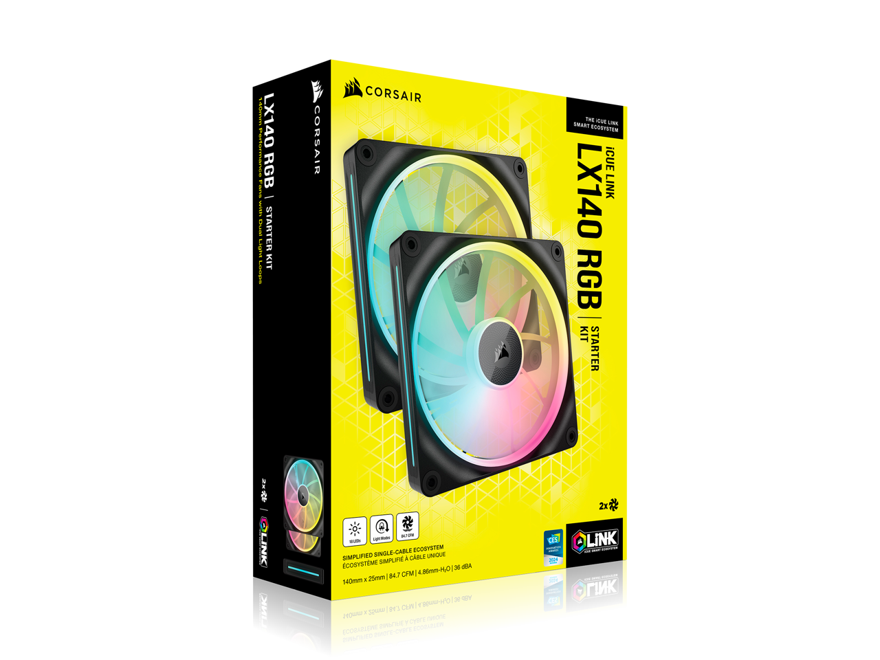 Sure, here is the corrected and grouped text from the image:

---

**Product Name:**
- CORSAIR LX140 RGB

**Description:**
- Performance RGB
- Starter Kit

**Features:**
- Single-Cable Ecosystem
- Simplified Single-Cable Ecosystem
- 140mm x 25mm
- 84.7 CFM
- 66mm-HO
- 20 dB(A)

**Specifications:**
- 140mm x 25mm
- 84.7 CFM
- 66mm-HO
- 36 dBA

**Certifications:**
- CES 2014
- CES 2015

**Additional Information:**
- The iCUE Link Ecosystem
- iCUE Link
- 2x LINK

**Language:**
- English
- Russian

**Other:**
- Smart
- RGB
- Ecosystem
- Simplified

---

This text is grouped and corrected based on the image provided.