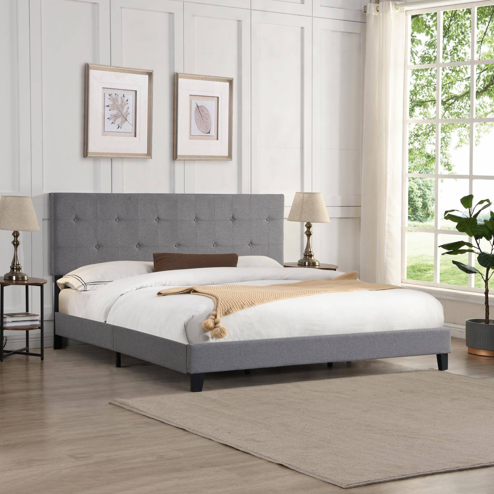 Angle. Spaco - Spaco King Size Platform Bed,Breathable Upholstered Headboard,Button Tufted Design,No Box Spring,for a Serene Bedroom - Light Gray.