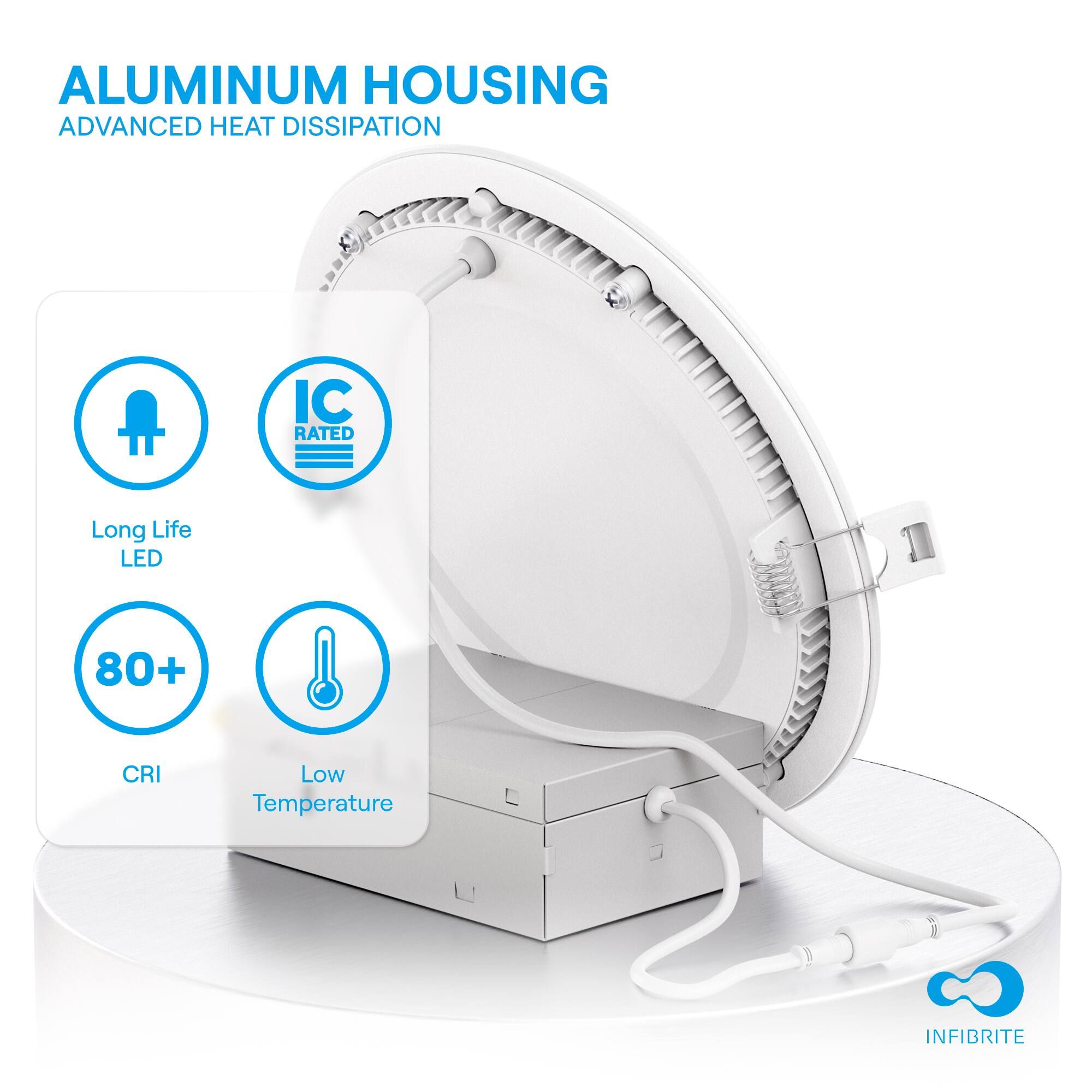 ALUMINUM HOUSING ADVANCED HEAT DISSIPATION IC RATED Long Life LED 80+ CRI Low Temperature INFIBRITE