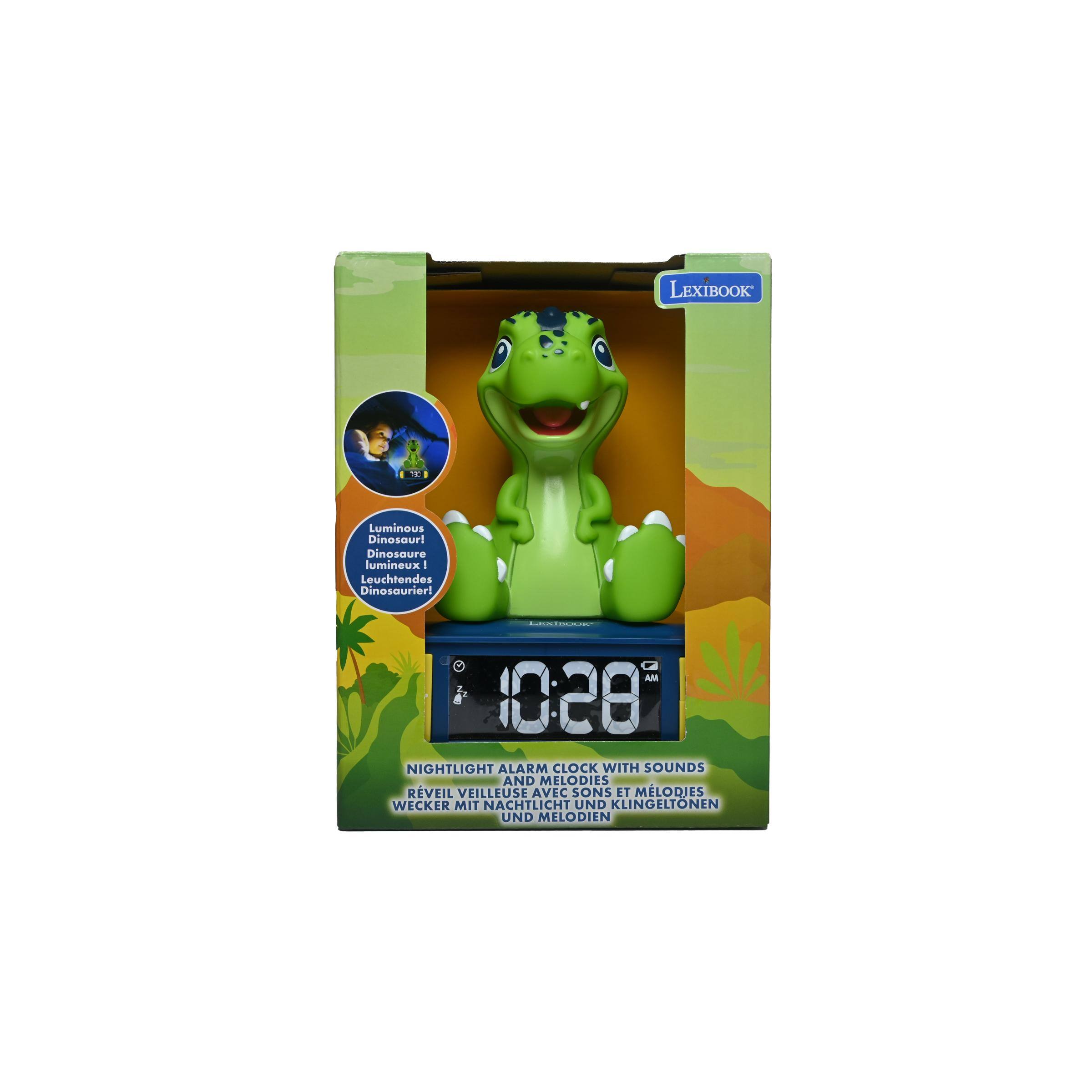 LEXIBOOK  
Luminous Dinosaur! Dinosaure lumineux - Leuchtendes Dinosaurier!  
LEXIBOOK  
AM  
NIGHTLIGHT ALARM CLOCK WITH SOUNDS AND MELODIES RVEIL VEILLEUSE AVEC SONS ET MLODJES WECKER MIT NACHTLICHT UND KLINGELTONEN UND MELODIEN