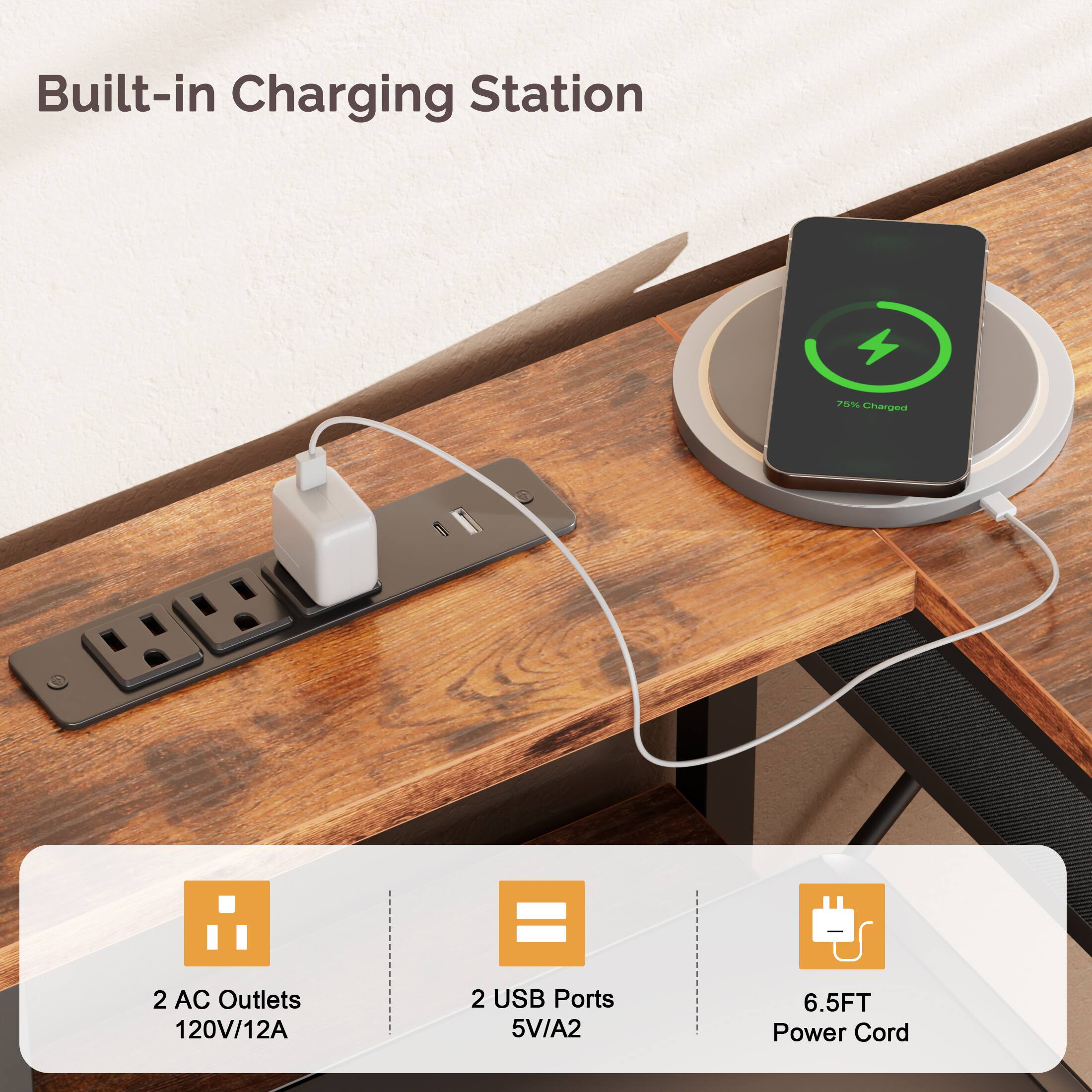 Built-in Charging Station  
75% Charged  
2 AC Outlets 120V/12A  
2 USB Ports 5V/A2  
6.5FT Power Cord