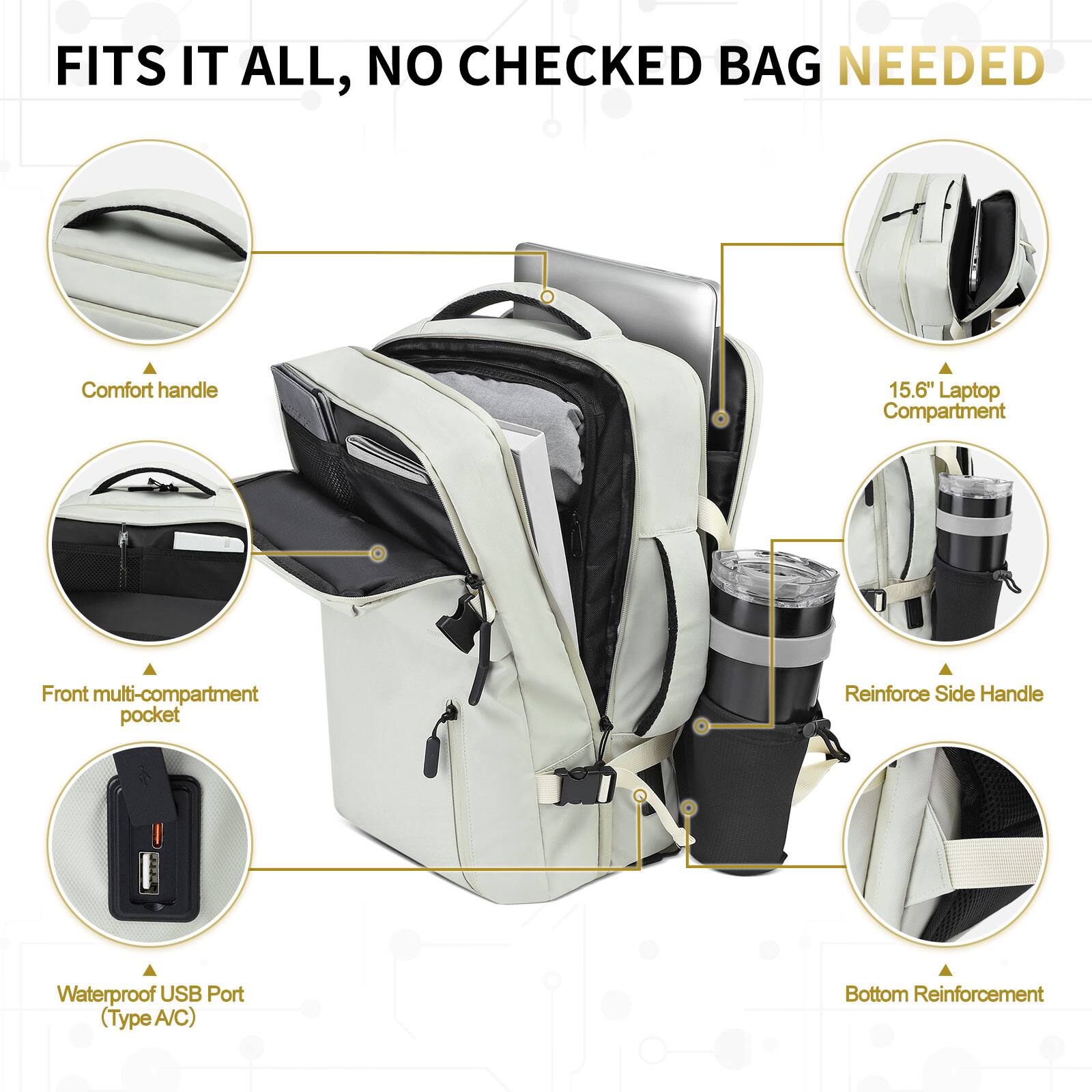 FITS IT ALL, NO CHECKED BAG NEEDED

- Comfort handle
- 15.6" Laptop Compartment
- Front multi-compartment pocket
- Reinforce Side Handle
- Waterproof USB Port (Type A/C)
- Bottom Reinforcement