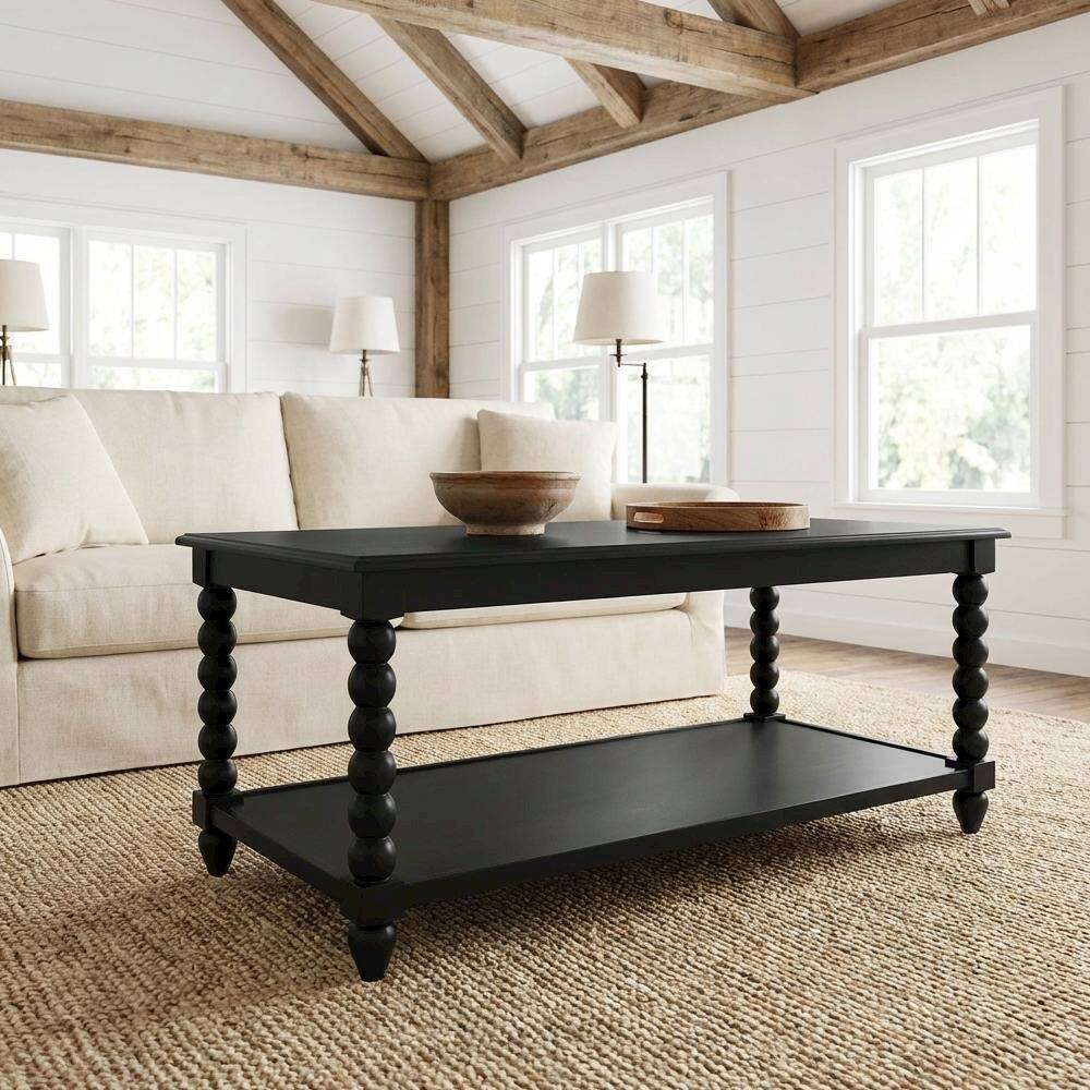 Left. FurniFact - Black Coffee Table with MDF and Rubberwood Frame - Black.