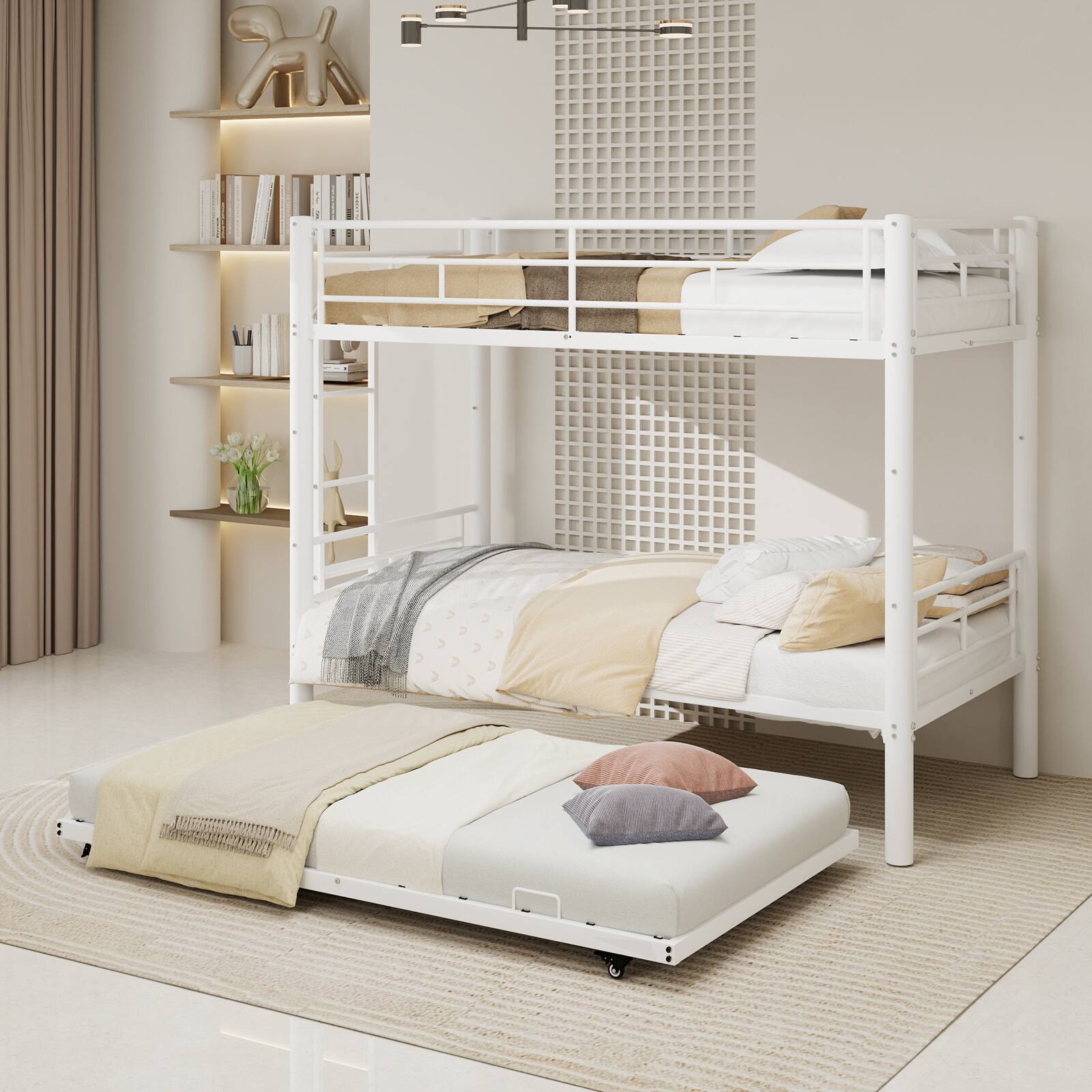Left. Loheer - Loheer White Metal Triple Bunk Bed Twin Over Twin Over Twin Separable Space Saving Iron Frame - White.