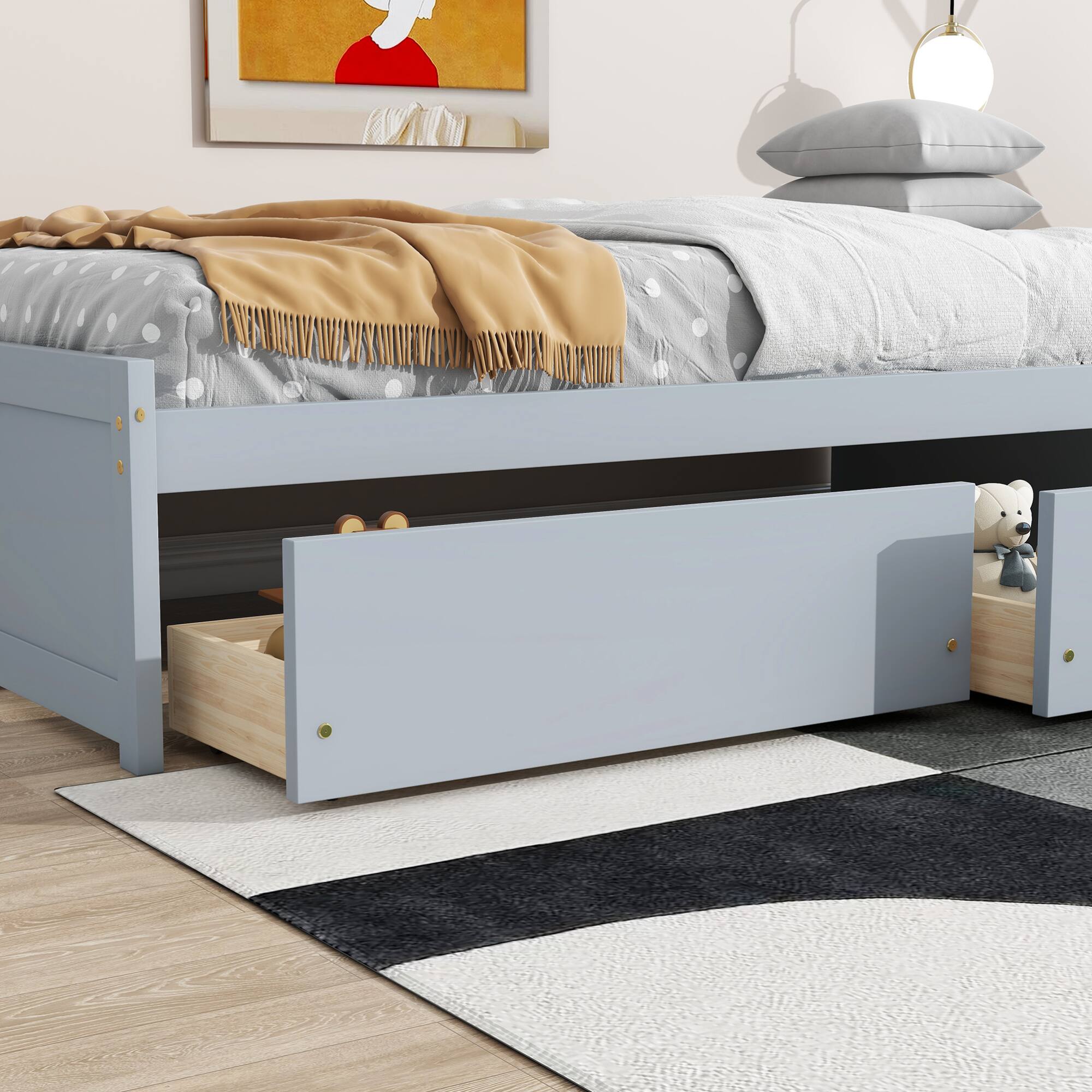 Alt View 6. GOODSILO - Twin Size Platform Bed with Two Underbed Storage Drawers for Space-Saving Bedroom Organization - Grey.