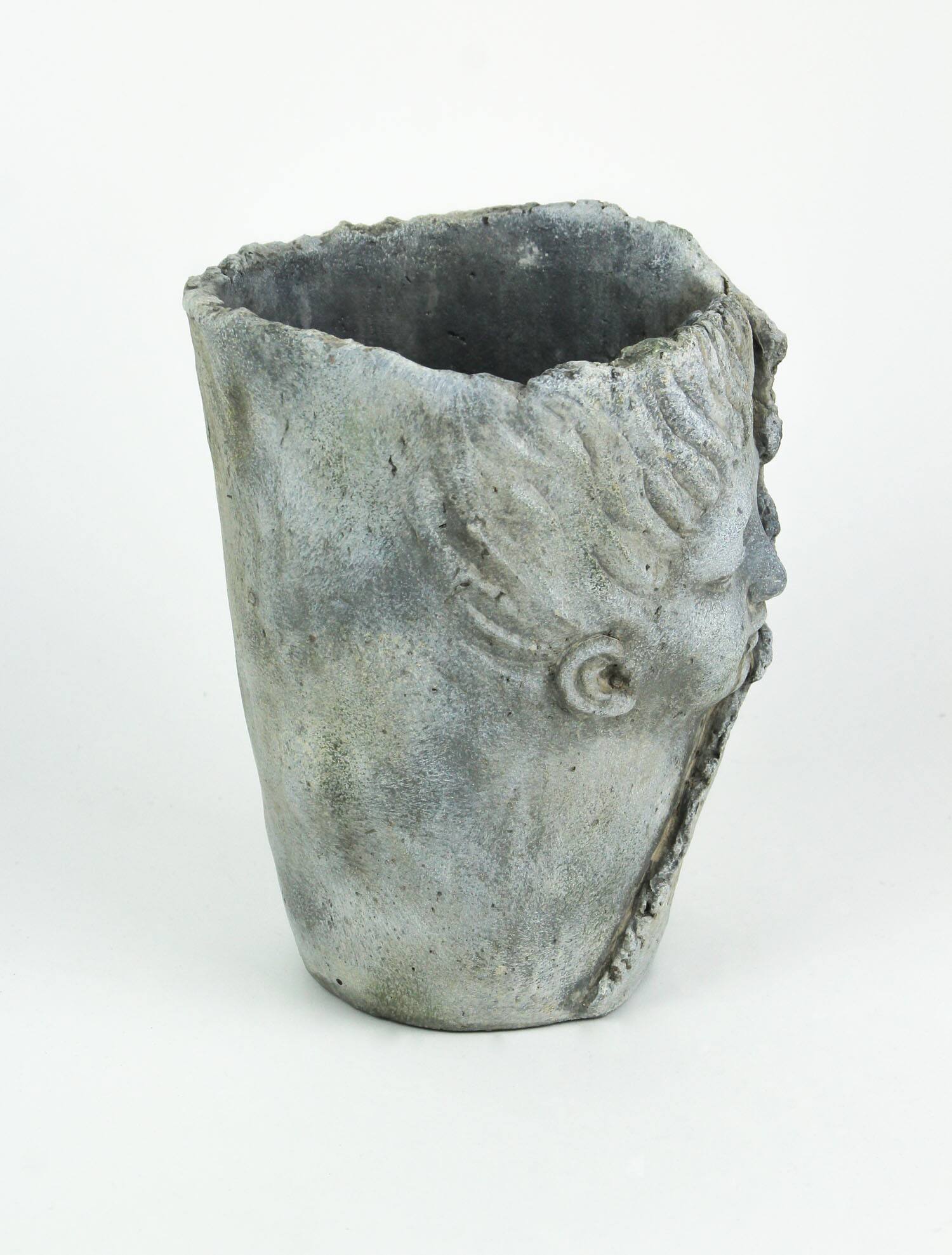 Alt View 2. Mayrich Company - Weathered Finish Concrete Leaf Wrap Face Planter / Vase 8 Inches High - Grey.