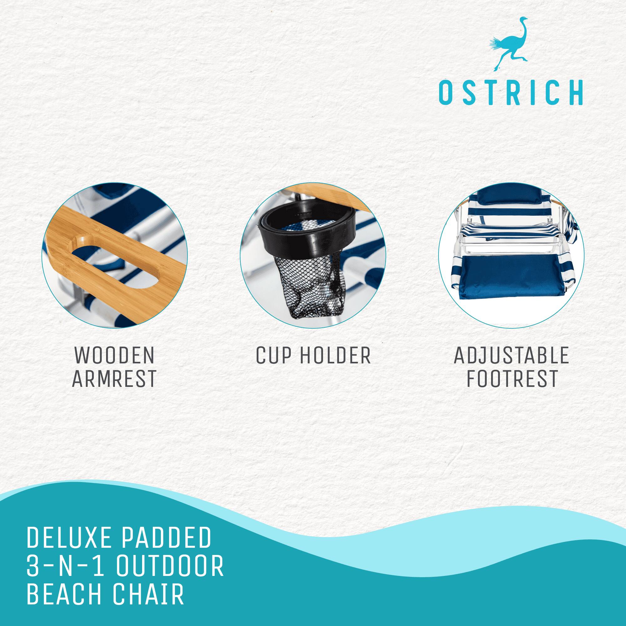 OSTRICH  
WOODEN ARMREST  
CUP HOLDER  
ADJUSTABLE FOOTREST  

DELUXE PADDED 3-N-1 OUTDOOR BEACH CHAIR