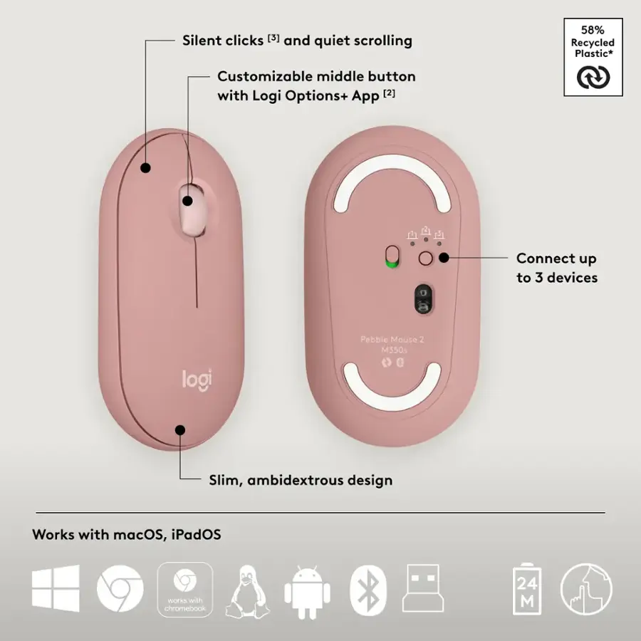 Silent clicks [3] and quiet scrolling [58% Recycled Plastic] Customizable middle button with Logi Options+ App [2] Connect up to 3 devices Pebble Mouse 2 M350s logi Slim, ambidextrous design Works with macOS, iPadOS and Chromebook [24]