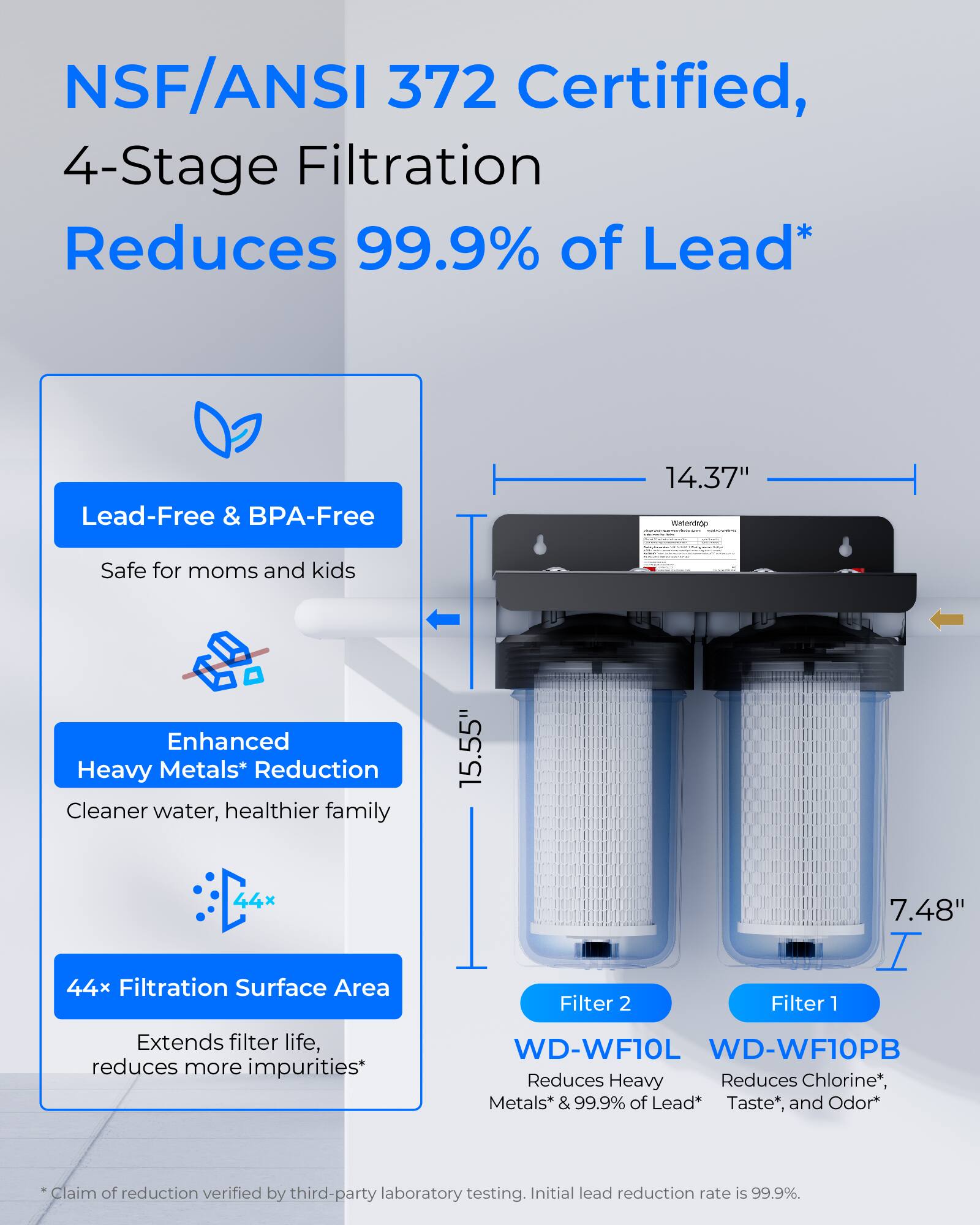 NSF/ANSI 372 Certified, 4-Stage Filtration Reduces 99.9% of Lead*

Lead-Free & BPA-Free  
Safe for moms and kids

Enhanced Heavy Metals* Reduction  
Cleaner water, healthier family

44x Filtration Surface Area  
Extends filter life, reduces more impurities*

WD-WF10L  
Reduces Heavy Metals* & 99.9% of Lead*

WD-WF10PB  
Reduces Chlorine*, Taste*, and Odor*

*Claim of reduction verified by third-party laboratory testing. Initial lead reduction rate is 99.9%.