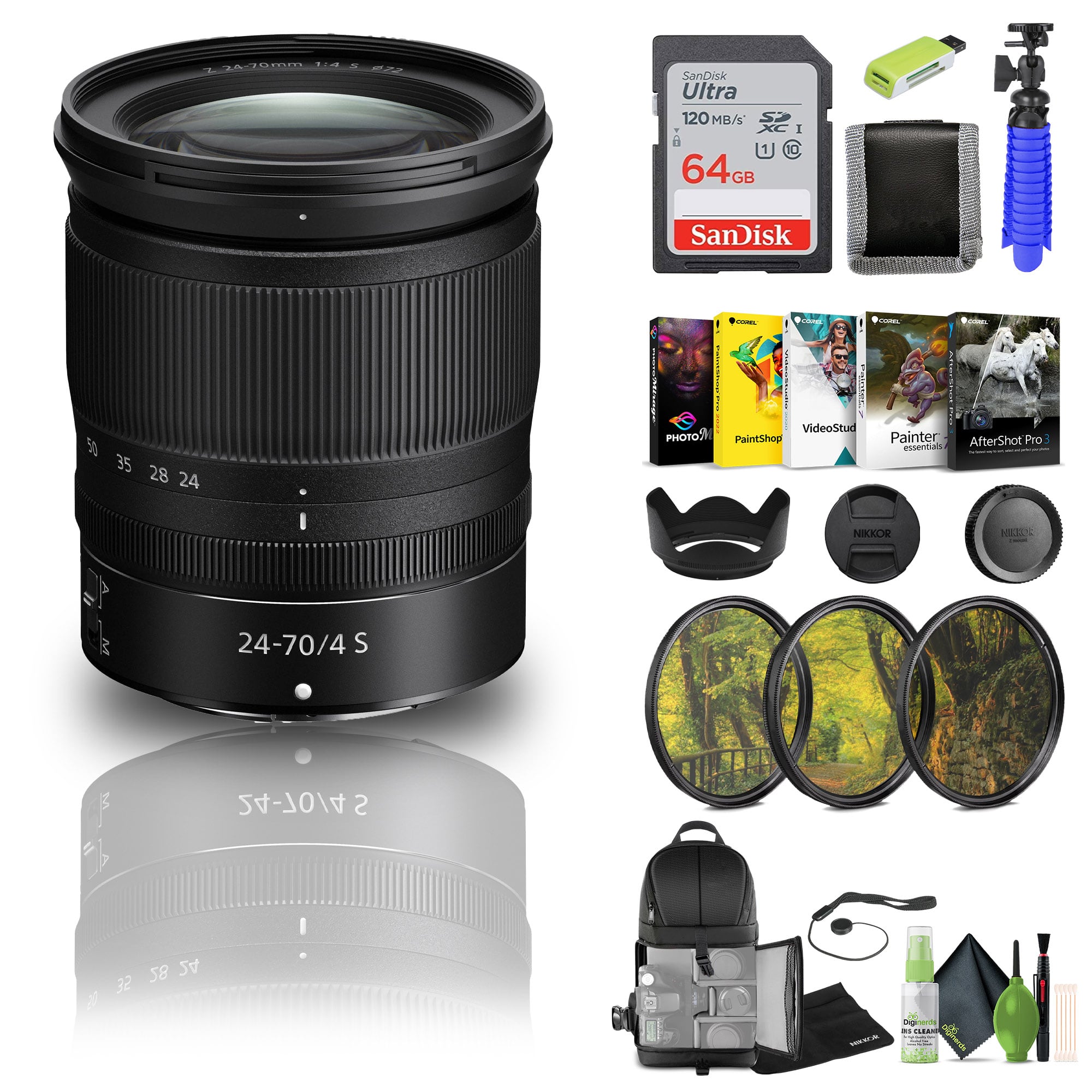 Nikon - NIKKOR Z 24-70mm f/4 S Lens (20072) + 64GB Memory Card + Filter Kit + BackPack - Bundle (International Version)