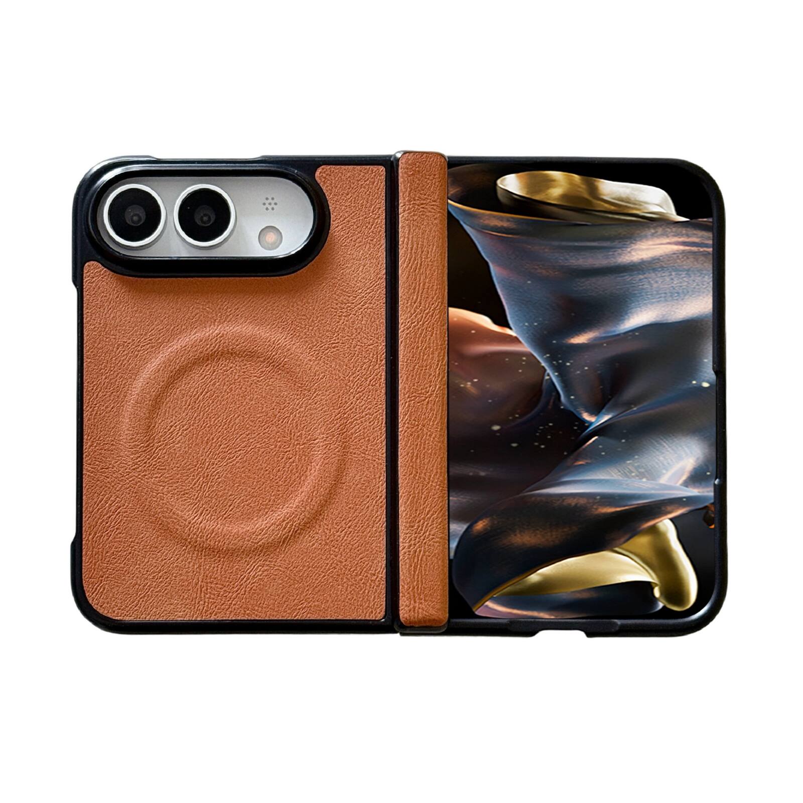 Angle. Dteck - Magnetic Leather Texture Phone Case for Apple iPhone Duo with Glass Screen Protector, Hard PC Protective Cover - Brown.