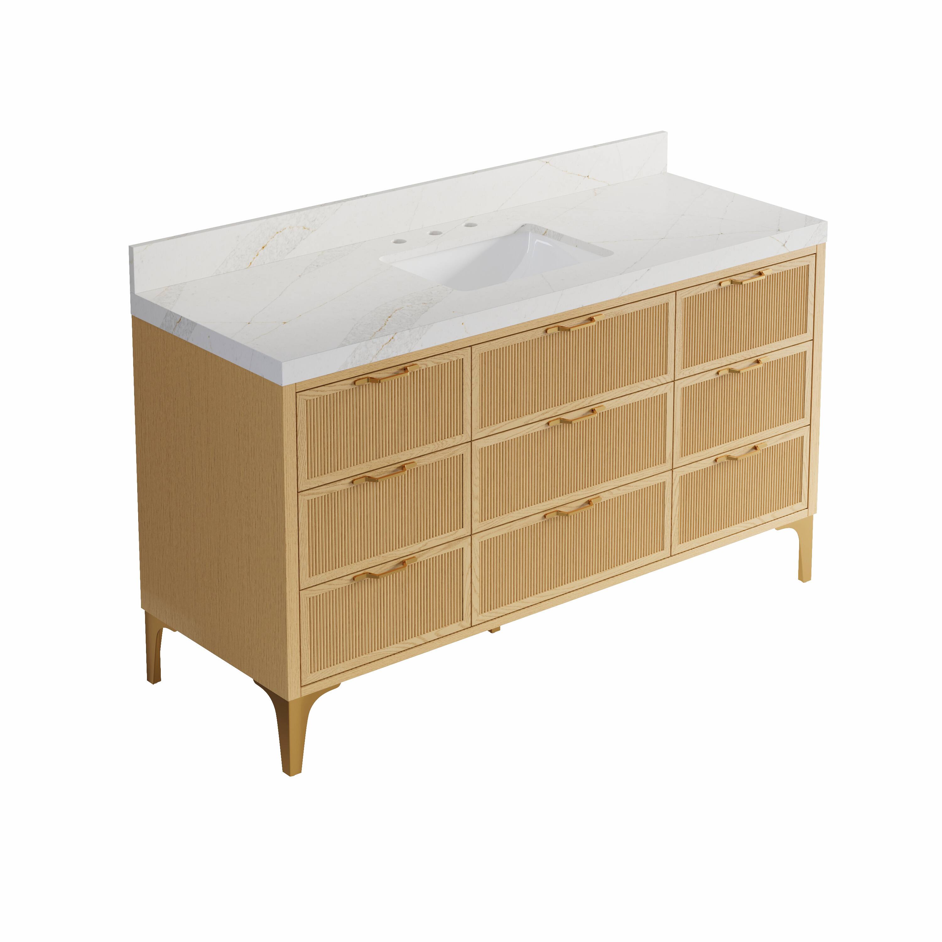 Alt View 8. WELLFOR - LYNOAK 60 in. Freestanding Solid Wood Bath Vanity with Quartz Top, Single Sink, Soft Close, Assembled - OAK.