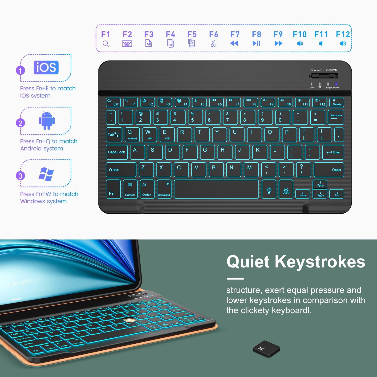 Sure, here is the corrected and grouped text:

---

**iOS System:**
- Press Fn+E to match iOS system

**Android System:**
- Press Fn+Q to match Android system

**Windows System:**
- Press Fn+W to match Windows system

**Quiet Keystrokes:**
- structure, exert equal pressure and lower keystrokes in comparison with the clickety keyboard.

---

**Keyboard Layout:**

- F1 F2 F3 F4 F5 F6 F7 F8 F9 F10 F11 F12
- Q W E R T Y U I O P
- A S D F G H J K L
- Z X C V B N M
- Fn Control Option Command
- Delete Backspace
- Connect OFF/ON
- Caps Lock Tab Shift
- 1 2 3 4 5 6 7 8 9 0 - =
- ! @ # $ % ^ & * ( ) _ +
- Caps Lock
- Shift
- Home PgDn End

---

**Additional Text:**

- iOS Cannam OTAN Press
- Fn+E to match iOS system
- Fsc C 1 2 F 4 6 F 