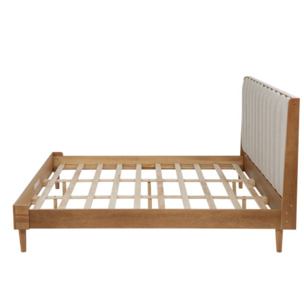 Alt View 1. LUCKY ONE - King Size Wood Bed with Piano Key Style Upholstered Headboard, Strengthened Frame, Wood Slats, No Box Spring Needed - Wheat.