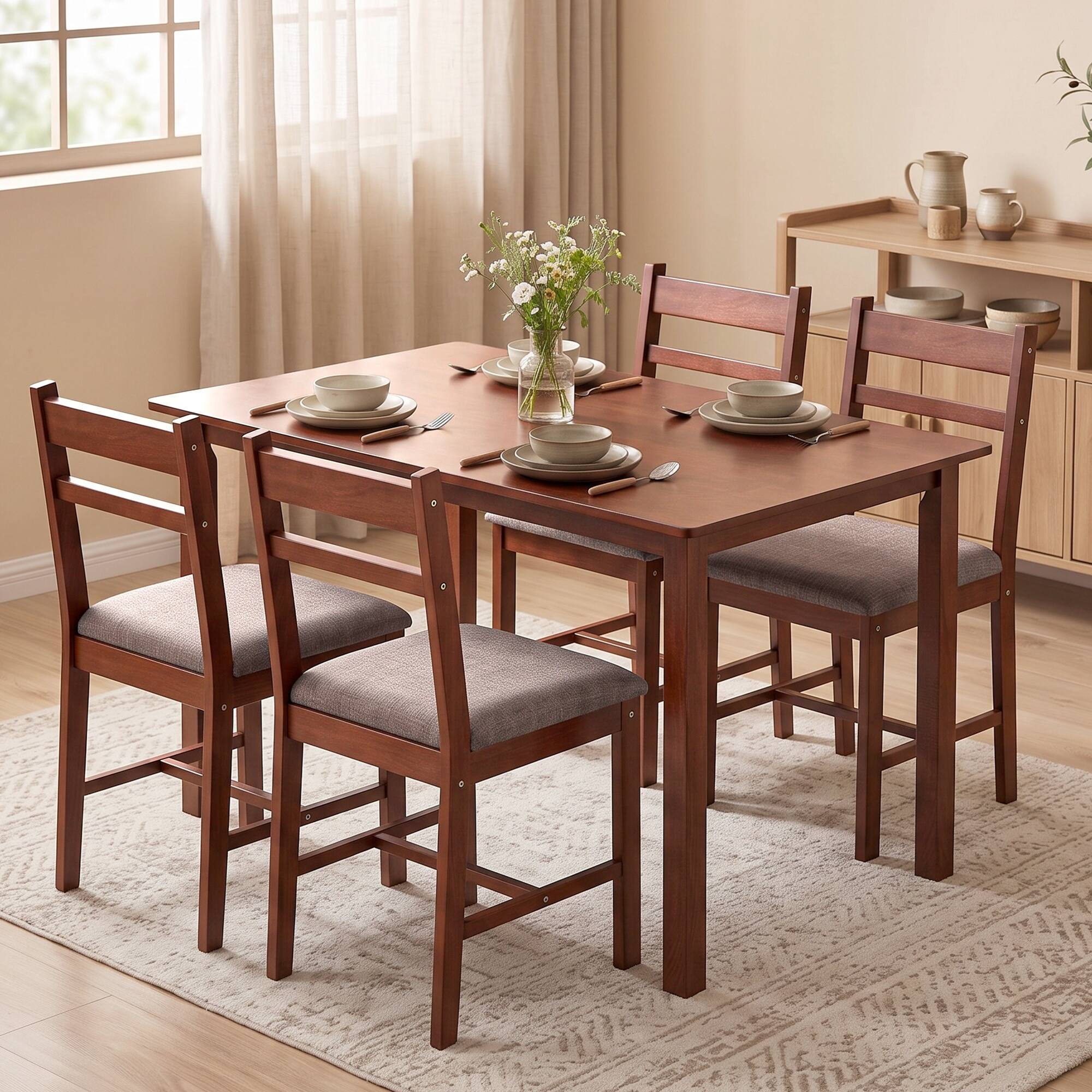 Alt View 1. Homcom - Solid Wood Dining Table Set for 4, Farmhouse Kitchen Table with Upholstered Chairs for Dining Room - Light Brown, Brown.