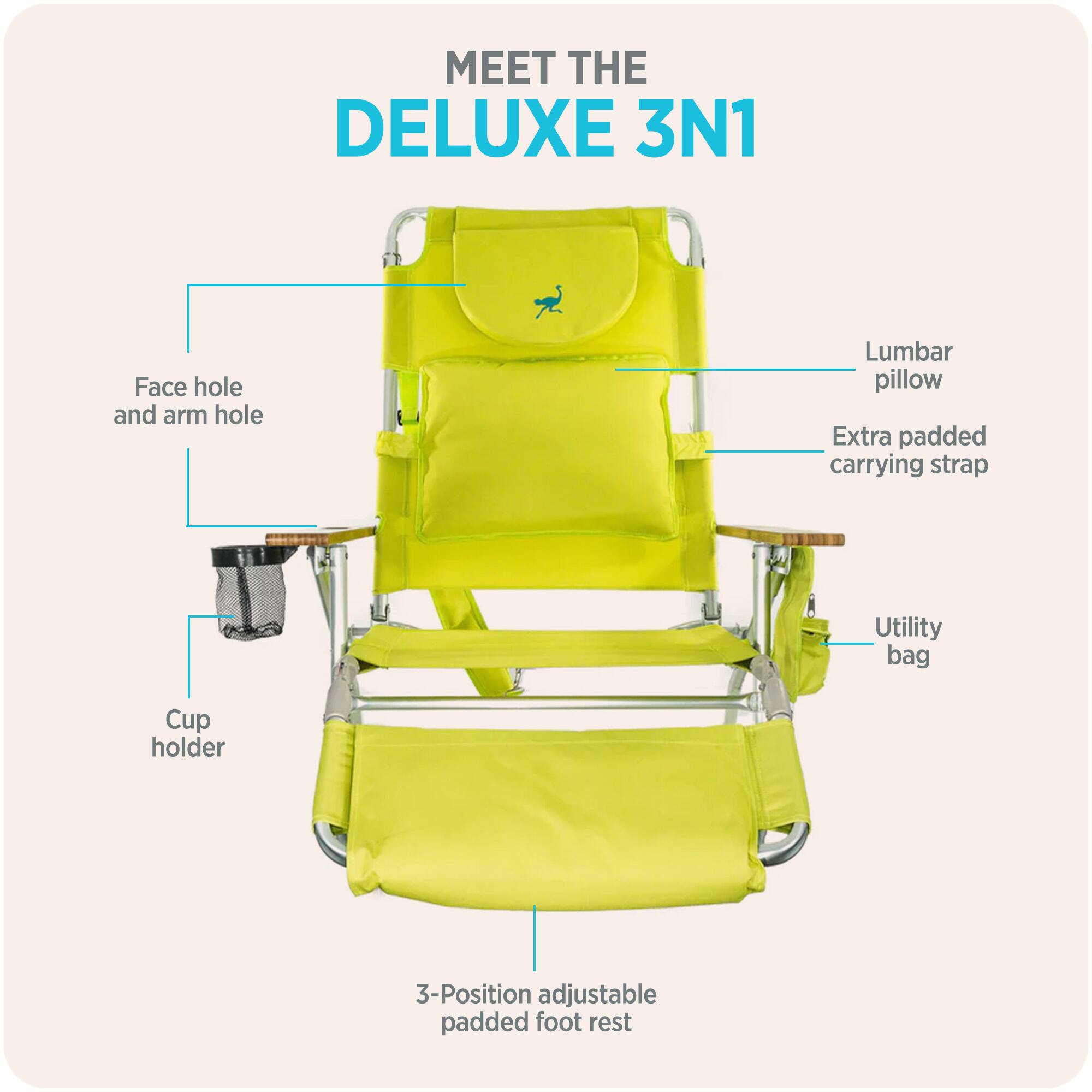MEET THE DELUXE 3N1

- Face hole and arm hole
- Lumbar pillow
- Extra padded carrying strap
- Utility bag
- Cup holder
- 3-Position adjustable padded foot rest