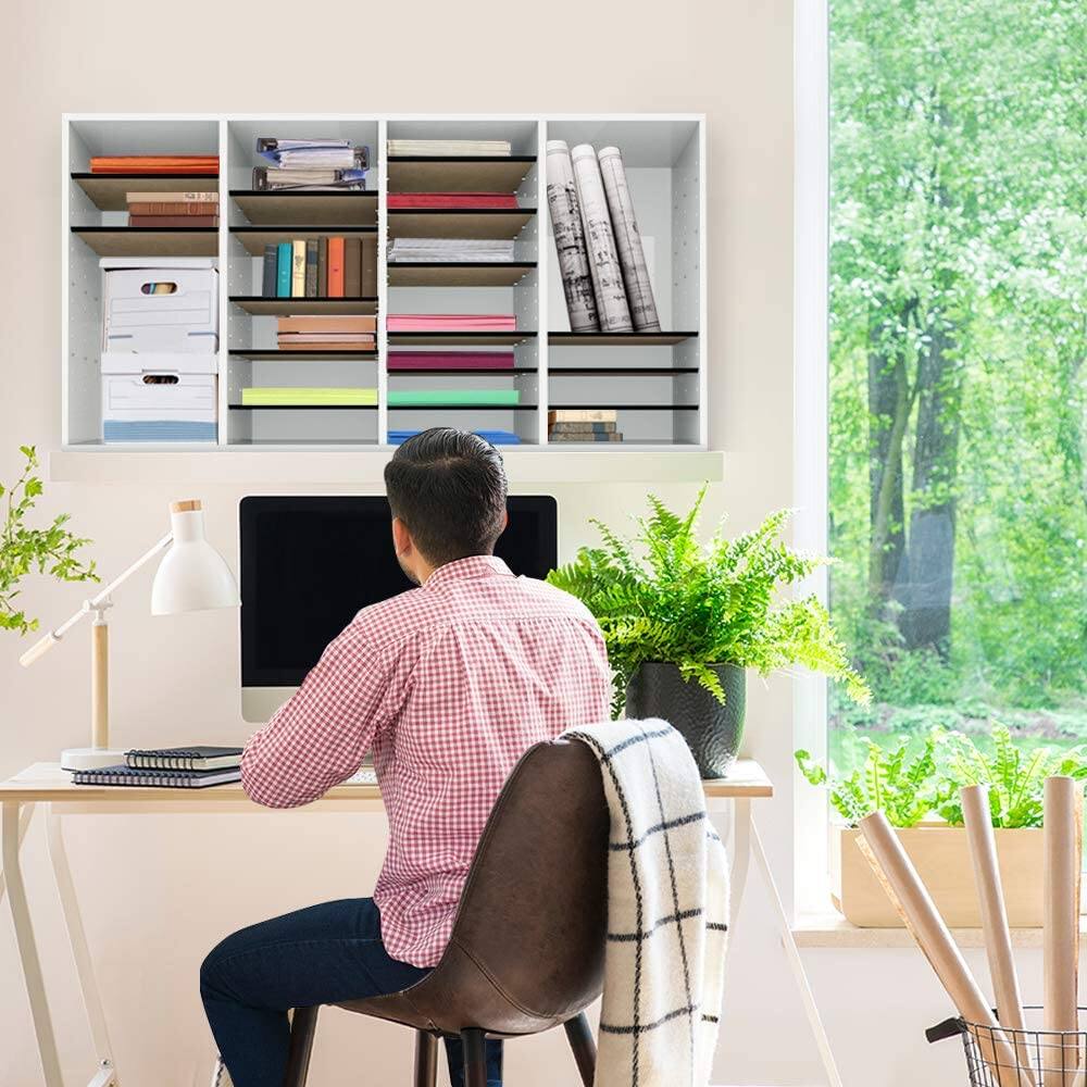 Alt View 4. AdirOffice - Wood Adjustable 36 Compartment Literature File Organizer, 11.8”D x 39.3”W x 23.9”H - White.