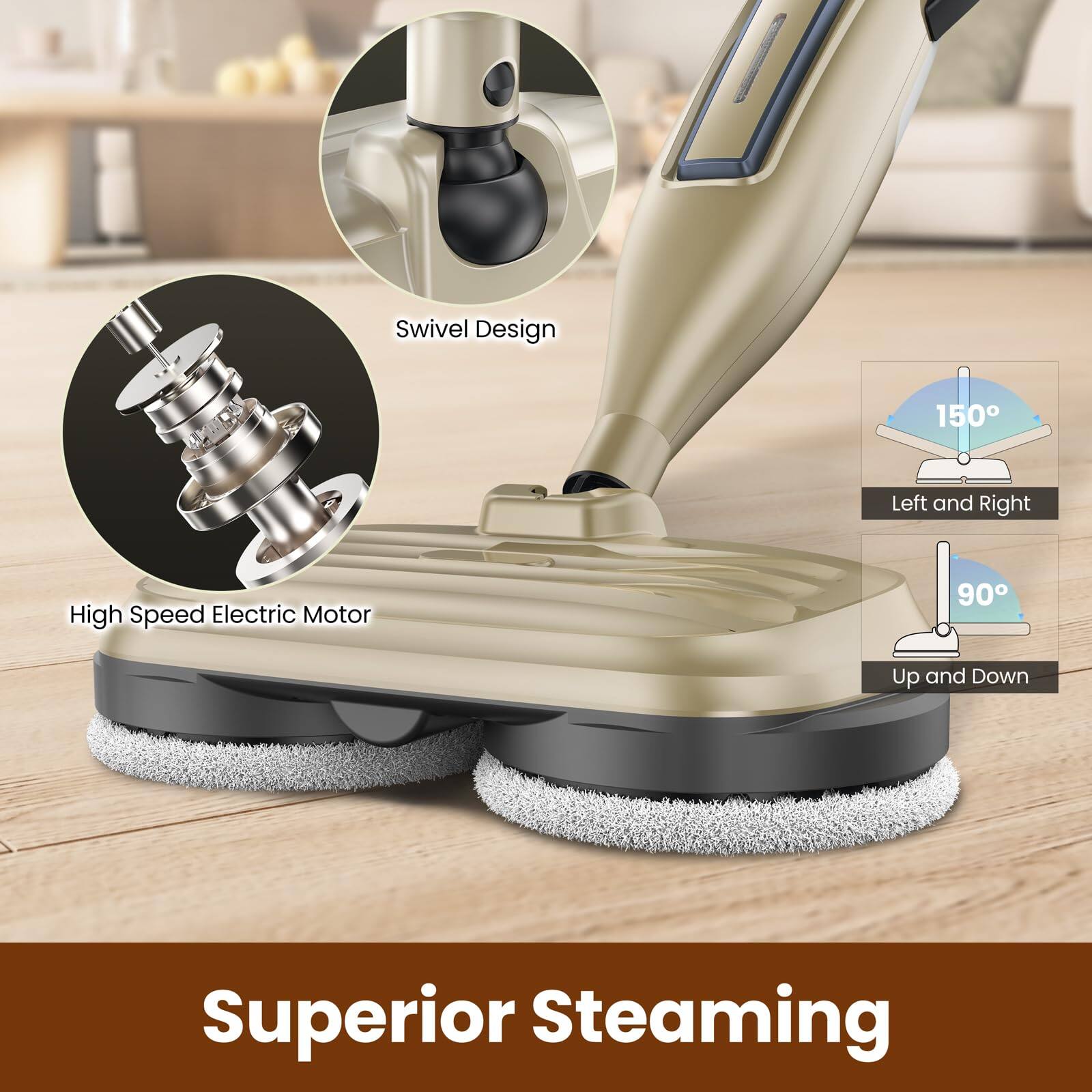 Swivel Design  
150° Left and Right  
90° Up and Down  

High Speed Electric Motor  

Superior Steaming