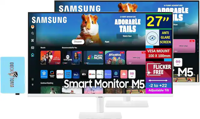 **DOCK TORM**
**SAMSUNG Smart Monitor M5**
- **27"**
- **ANTI GLARE SCREEN**
- **VES MOUNT 100 x 100mm**
- **FLICKER FREE**
- **-2 to +22 Adjustable Tilt**
**A FURRY ADVENTURE: ADORABLE TAILS**
- **Watch Now**
**Discover**
- **Live**
- **Apps**
**Recommended for You**
- **NBC NEWS NOW**
- **MOONBUG**
- **vevo pop**
- **NETFLIX**
- **Prime Video**
- **Disney+**
- **Apple TV**
- **YouTube**
- **PROMOTION**
- **Internet**
- **Google News**
- **KOMO4**
- **HBO GO**
**Continue Watching**
**Live**
- **NBC NEWS NOW**
- **MOONBUG**
- **vevo pop**
**Recent**
- **HOME & GARDEN**
- **NEW WEATHER**
**SmartThings**
- **Samsung TV Plus**
**M5**