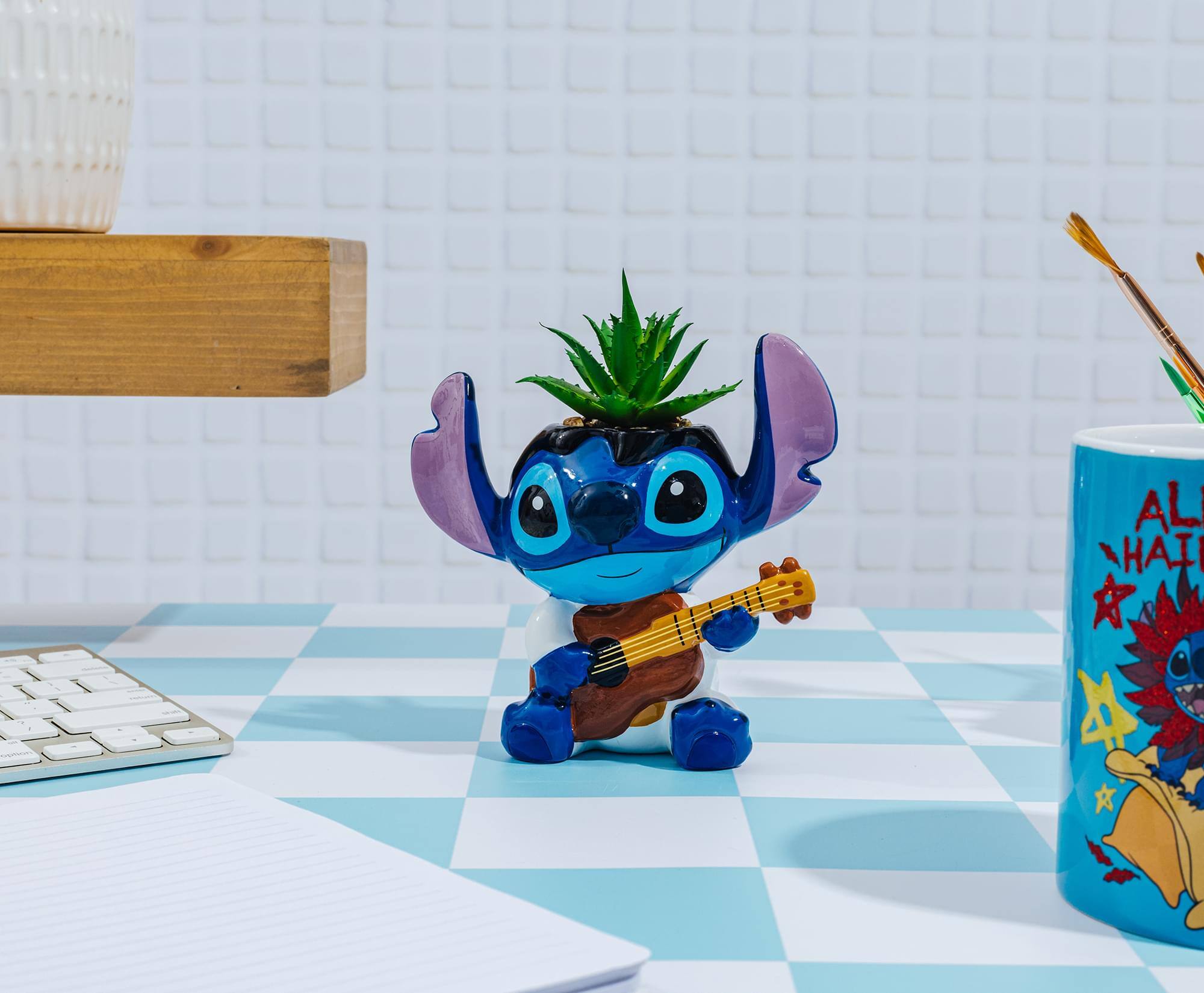 Alt View 4. Silver Buffalo - Disney Lilo & Stitch Elvis 6-Inch Ceramic Mini Planter With Artificial Succulent - Blue.