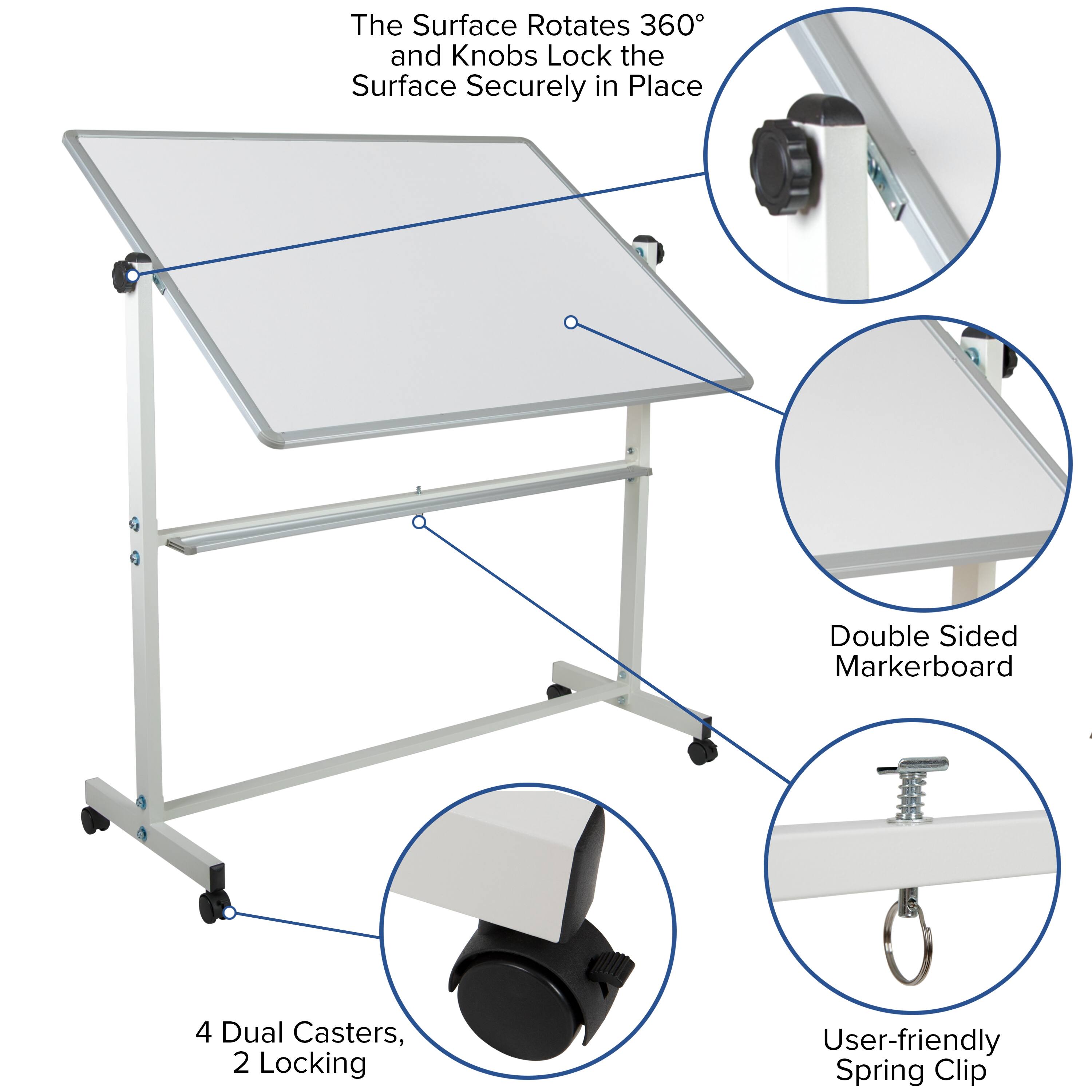The Surface Rotates 360° and Knobs Lock the Surface Securely in Place

Double Sided Markerboard

4 Dual Casters, 2 Locking

User-friendly Spring Clip