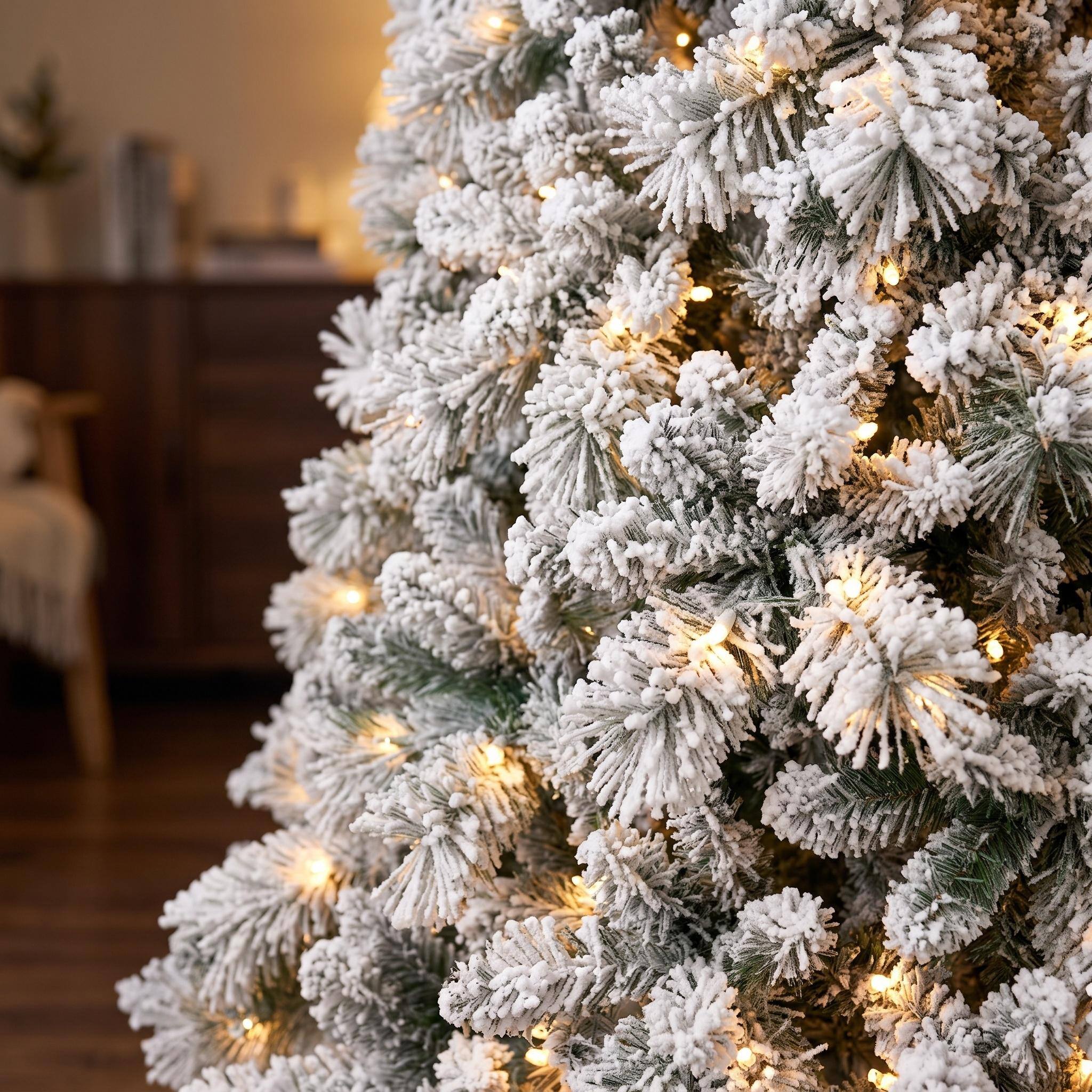Alt View 5. Forest'nSky - 8 ft. Flocked Christmas Tree with 600 Warm White LED Lights, 1445 Tips, Hinged Branches and Metal Stand - Green,White.