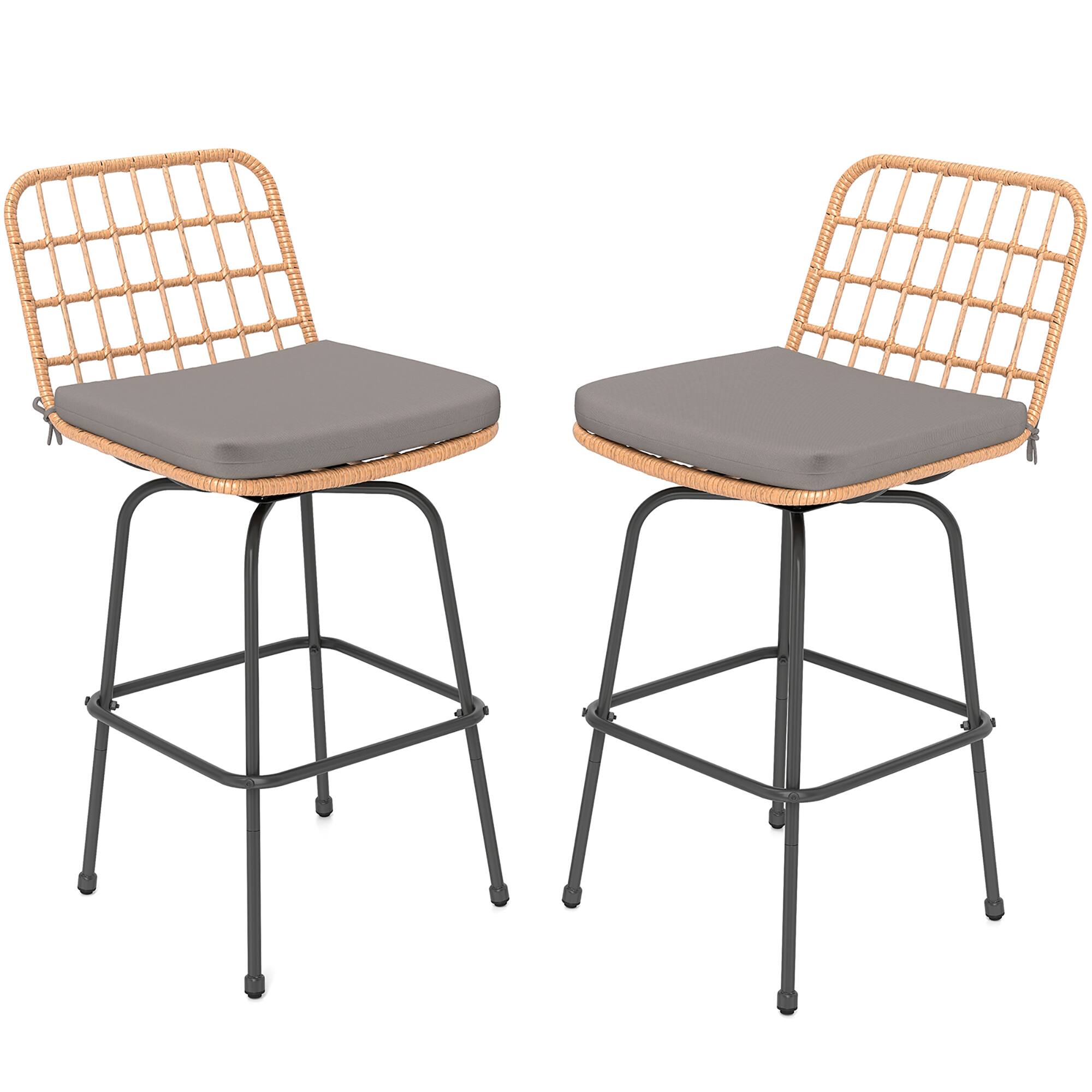 Front. Gymax - Gymax Patio 360° Swivel Bar Stools Set of 2 w/Backrests & Footrests Soft Seat Cushions - Gray.