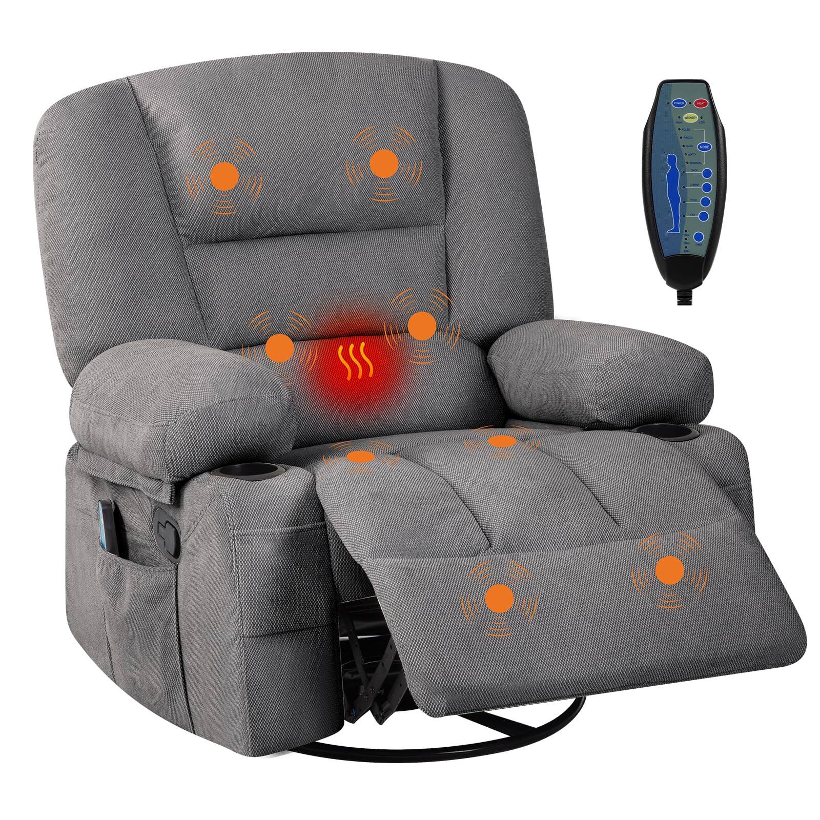Front. Babevy - 360° Swivel Recliner Chairs with Massage & Heat, Side Pockets Cup Holders - Gray.