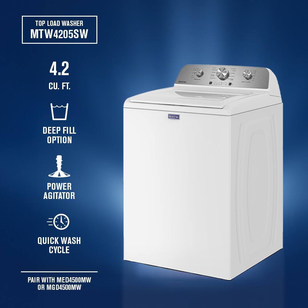 TOP LOAD WASHER  
MTW4205SW  

4.2 CU. FT.  

DEEP FILL OPTION  

POWER AGITATOR  

QUICK WASH CYCLE  

PAIR WITH MED4500MW OR MG D4500MW