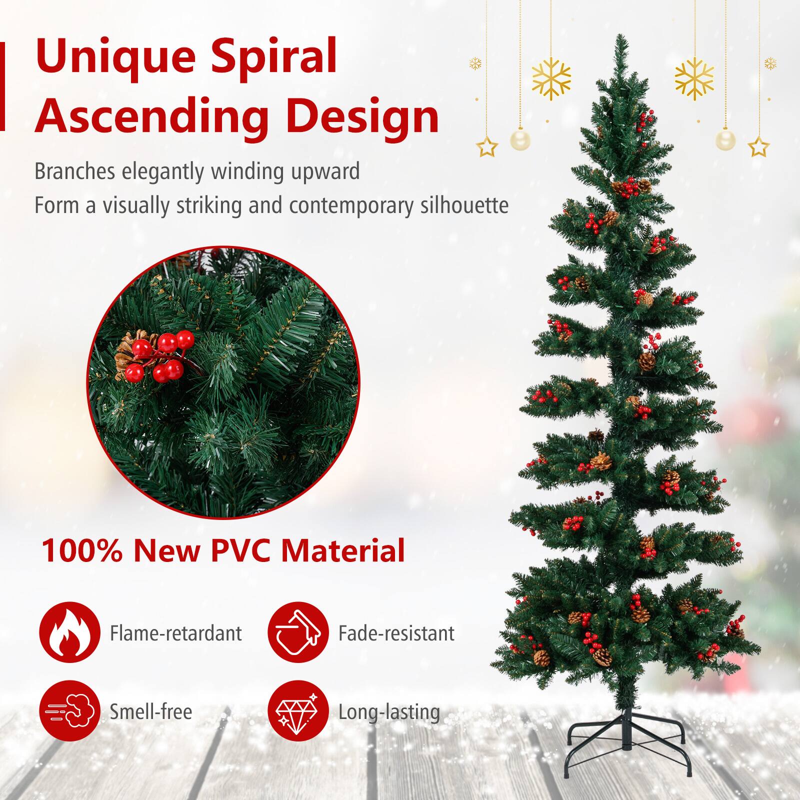 Unique Spiral Ascending Design  
Branches elegantly winding upward  
Form a visually striking and contemporary silhouette  

100% New PVC Material  
Flame-retardant  
Fade-resistant  
Smell-free  
Long-lasting