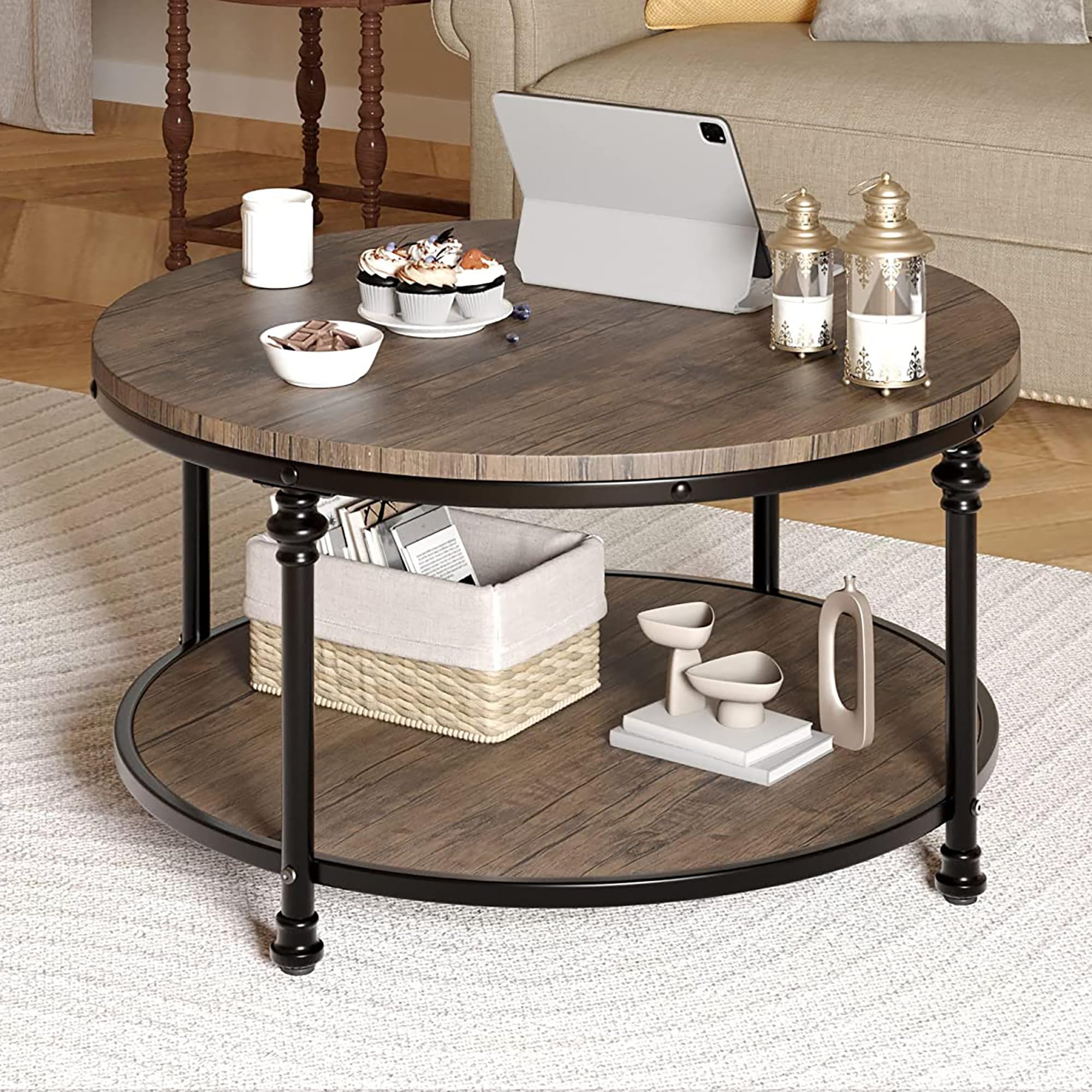 Front. Jojoka - 30 inch Round Coffee Table 2-Tier Wood Coffee Table with Storage Shelf Circle Center Table - Brown.
