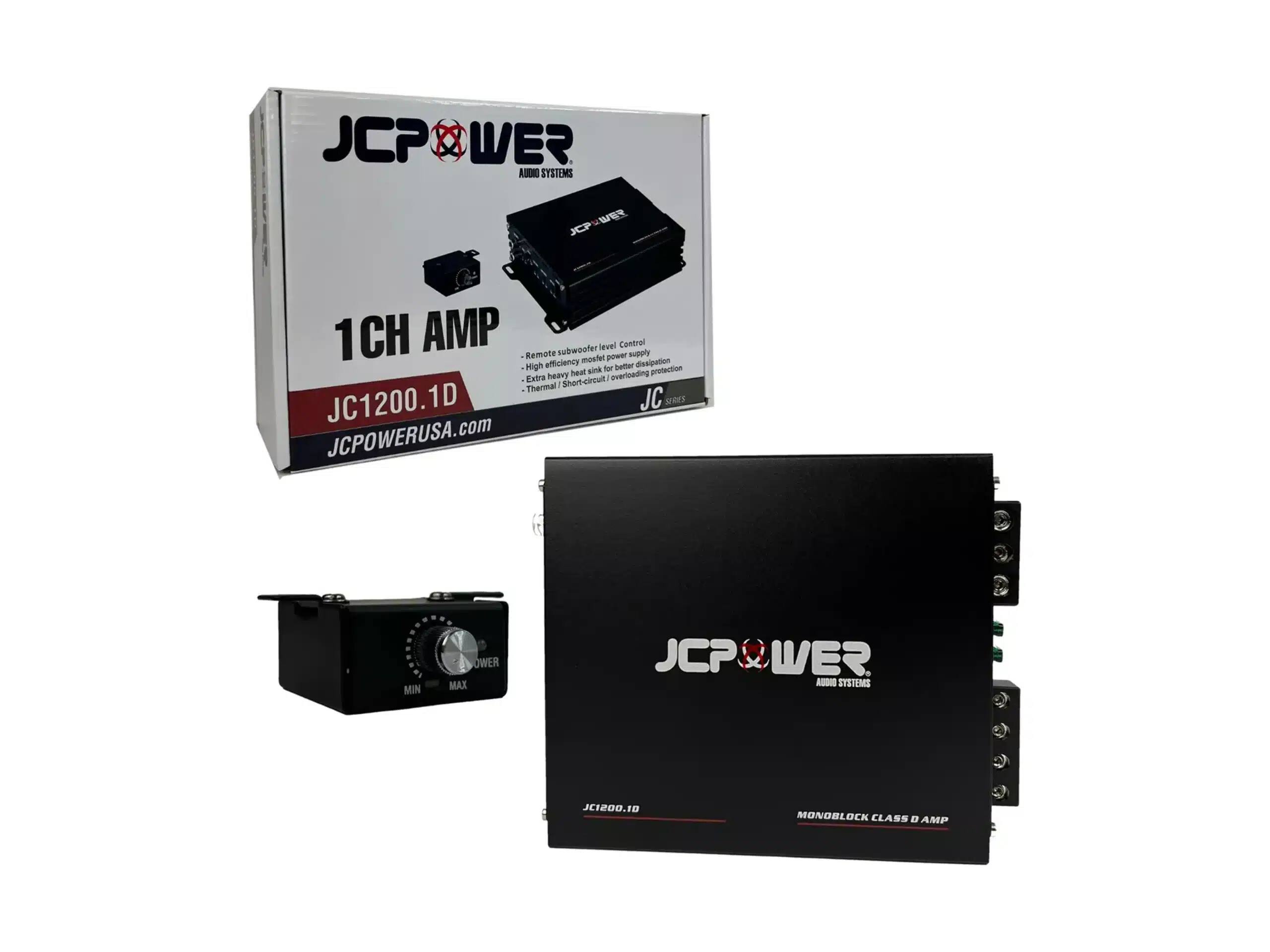 JCPower Audio Systems  
1CH AMP  
JC1200.1D  
JC Series  
JCPOWERUSA.com  

Remote subwoofer level Control  
High efficiency power supply  
Extra heavy heat sink for better dissipation  
Short-circuit/overloading protection  
Thermal protection  

JC1200.1D  
MONOBLOCK CLASS D AMP