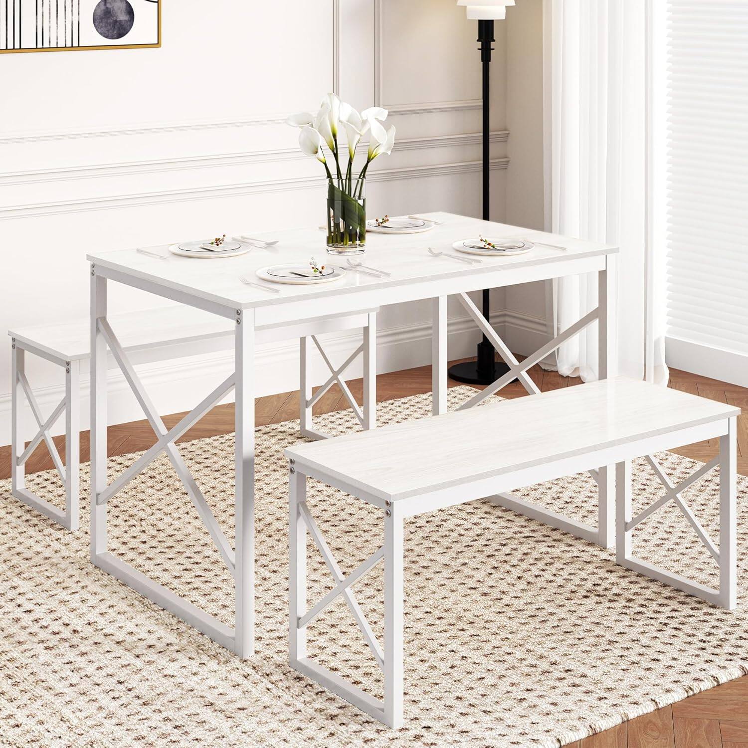Alt View 1. Vecelo - Dining Set: 43.3" Table & 2 Benches - Space Saving Design, Easy Assembly, Metal Frame, 4-Person Family Dining - White.