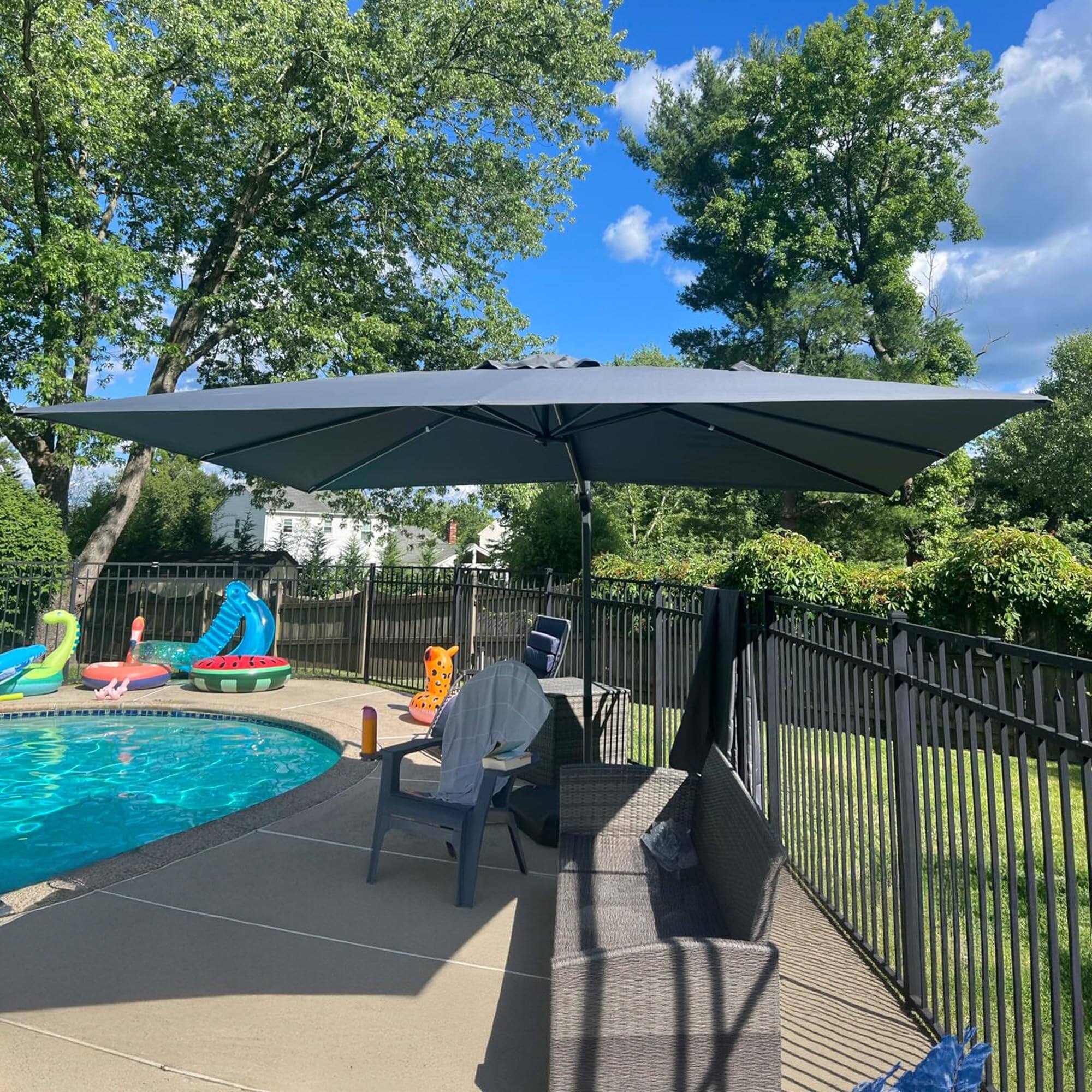 Alt View 1. PURPLE LEAF - 9' X 11.5' Aluminum Outdoor Patio Cantilever Umbrella Offset 360° Rotation Umbrella with Base for Garden Deck Pool - Light Grey.