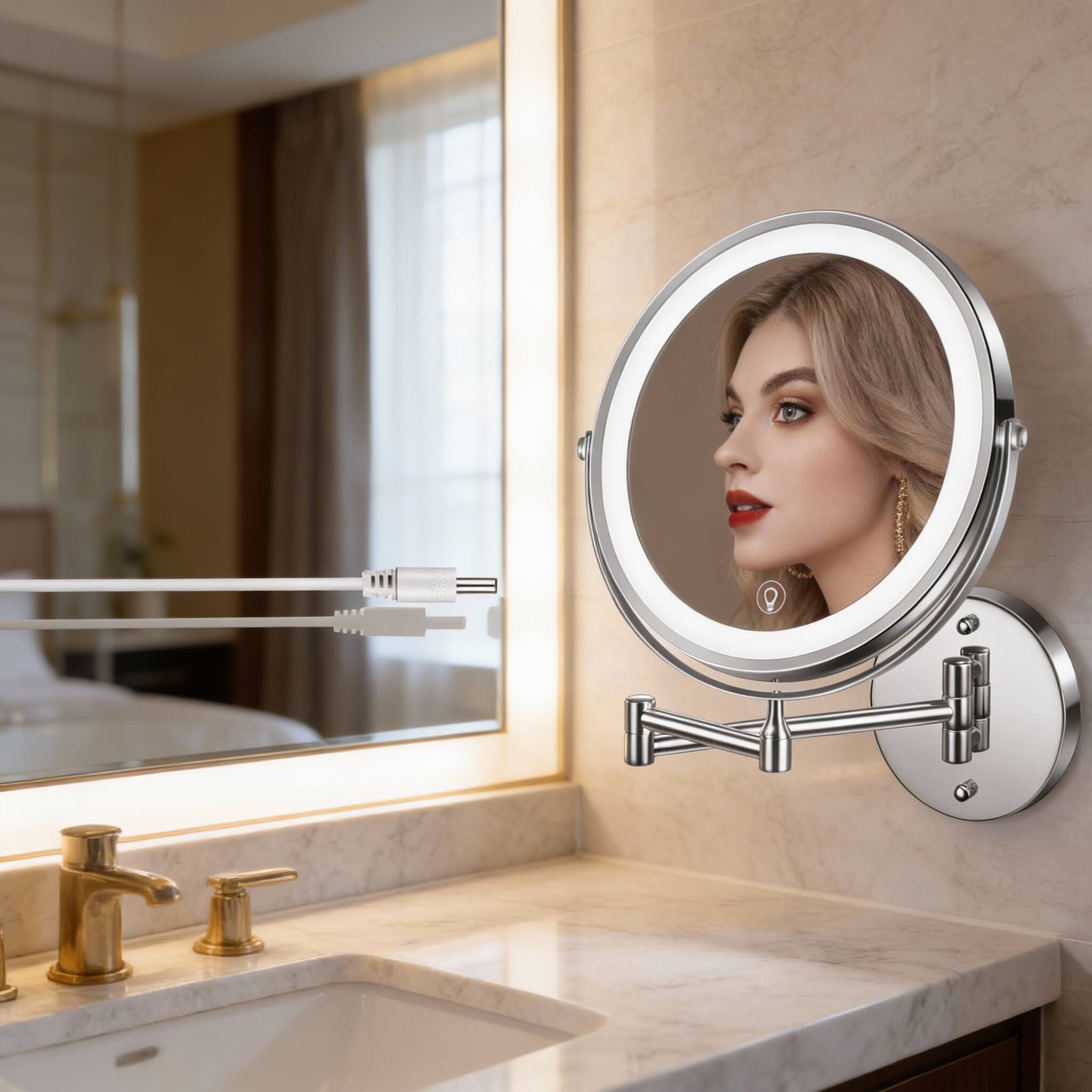 Back. PO3TICJUNKI3 - 8" Rechargeable Wall Makeup Mirror 1x/10x Magnifying LED 3-Color Dimmable 360° Foldable - Antique Bronze.