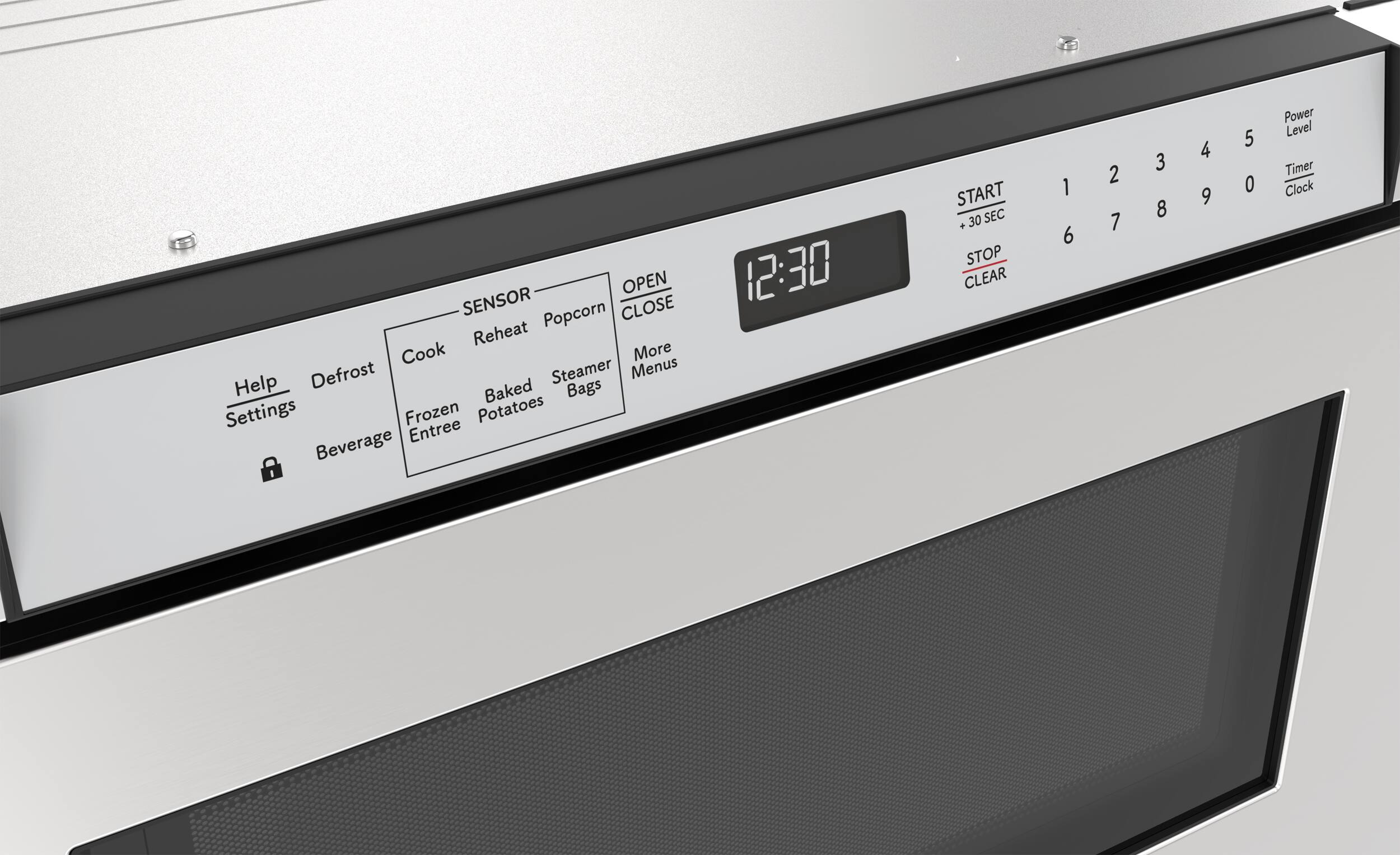 Here is the corrected and grouped text from the image:

**Top Row:**
- OPEN
- CLOSE
- 12:30

**Left Column:**
- Help
- Settings
- Defrost
- Frozen
- Baked Potatoes
- Beverage
- Entree

**Middle Column:**
- SENSOR
- Reheat
- Popcorn
- Steamer Bags
- More Menus

**Right Column:**
- START + 30 SEC
- STOP CLEAR
- Power Level
- Timer Clock

**Number Pad:**
- 1 2 3
- 4 5 6
- 7 8 9
- 0