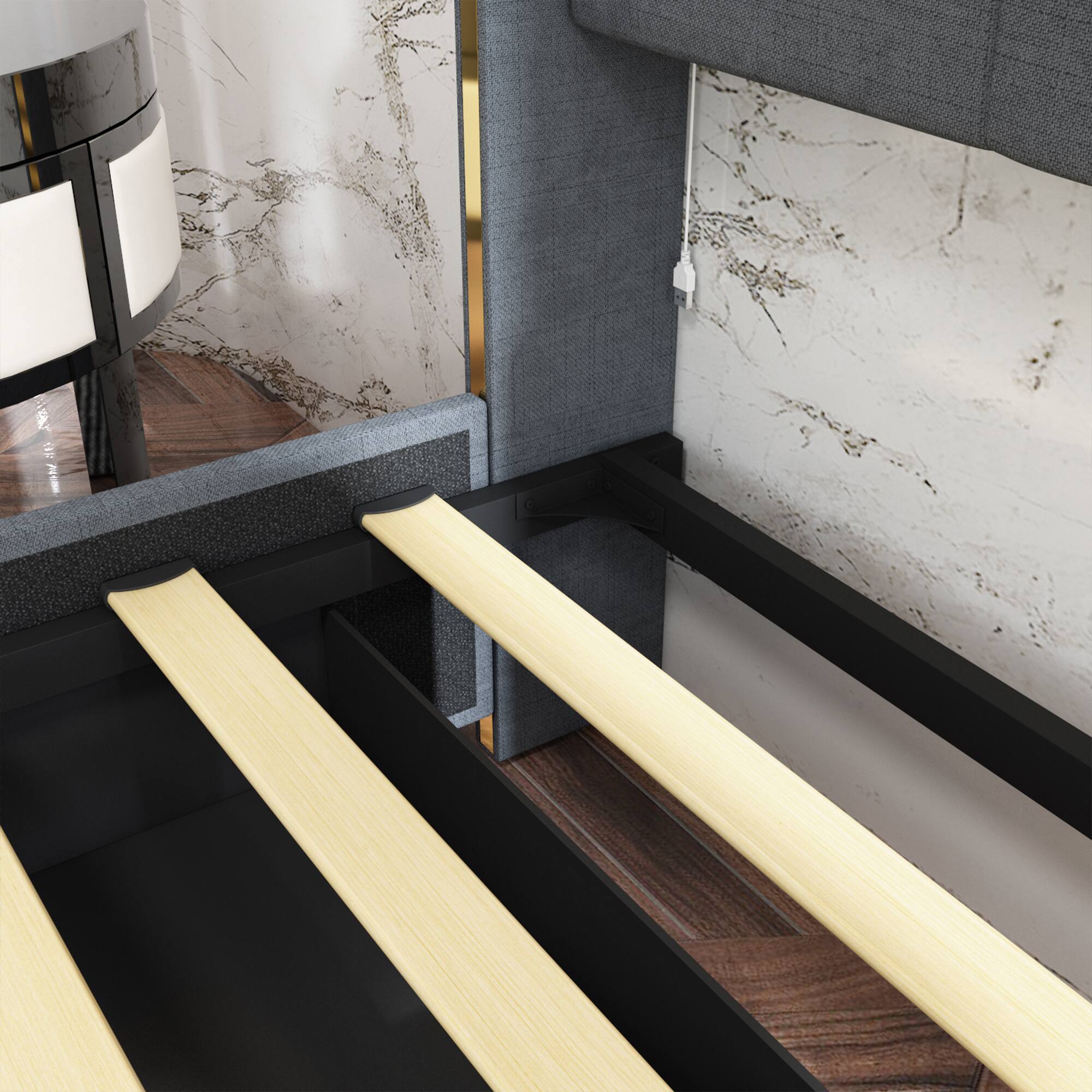 Alt View 4. FUFU & GAGA - FUFU&GAGA  Upholstered Queen - Size Bed Frame: LED, Storage & Luxury Design - Gray.