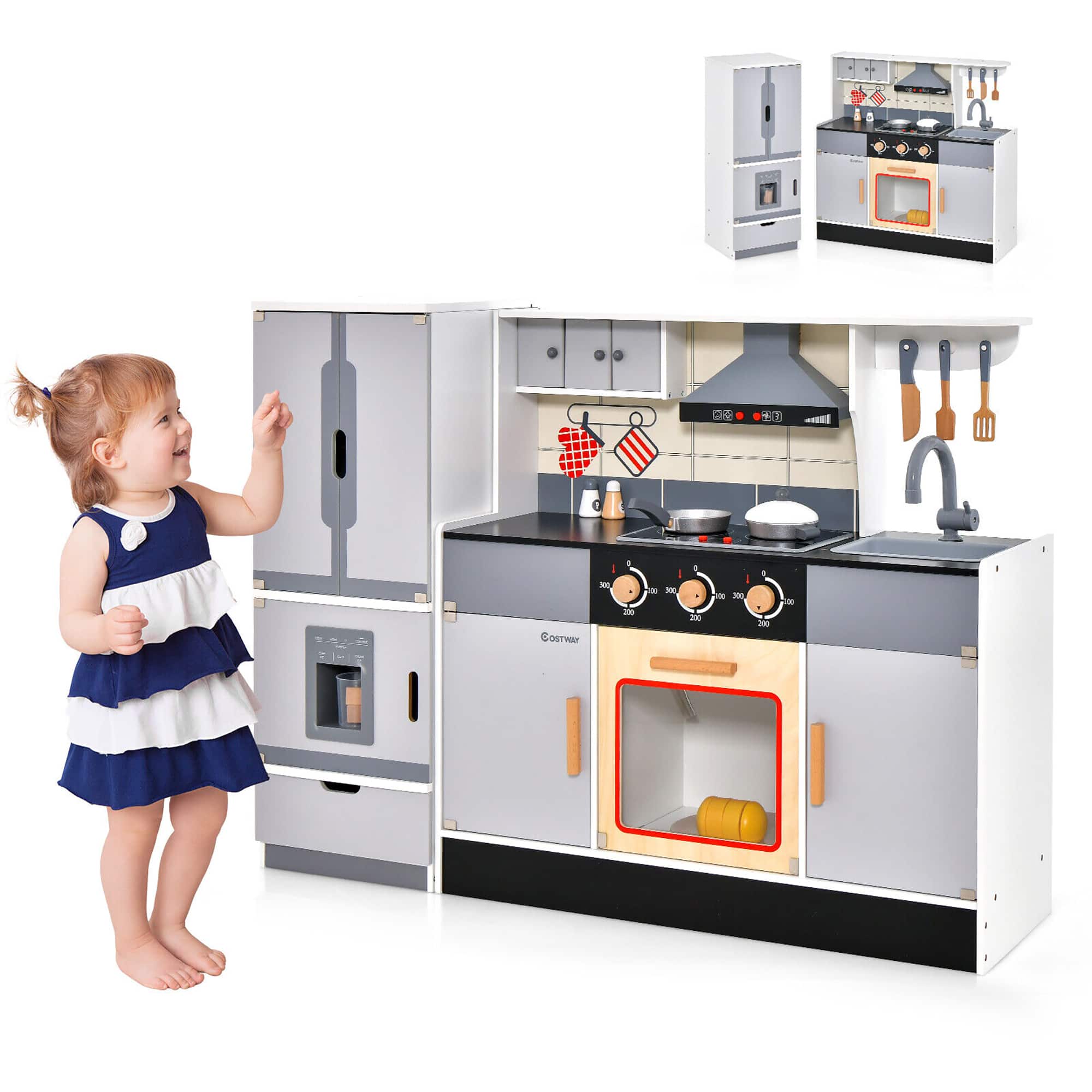 Front. Gymax - Gymax Kids Wooden Pretend Play Kitchen Toddlers Toy with Refrigerator & Accessories - Grey.