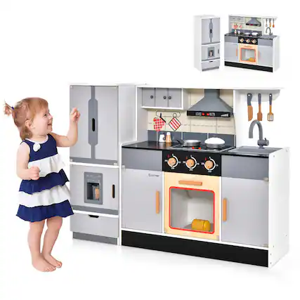 Front. Gymax - Gymax Kids Wooden Pretend Play Kitchen Toddlers Toy with Refrigerator & Accessories - Grey.