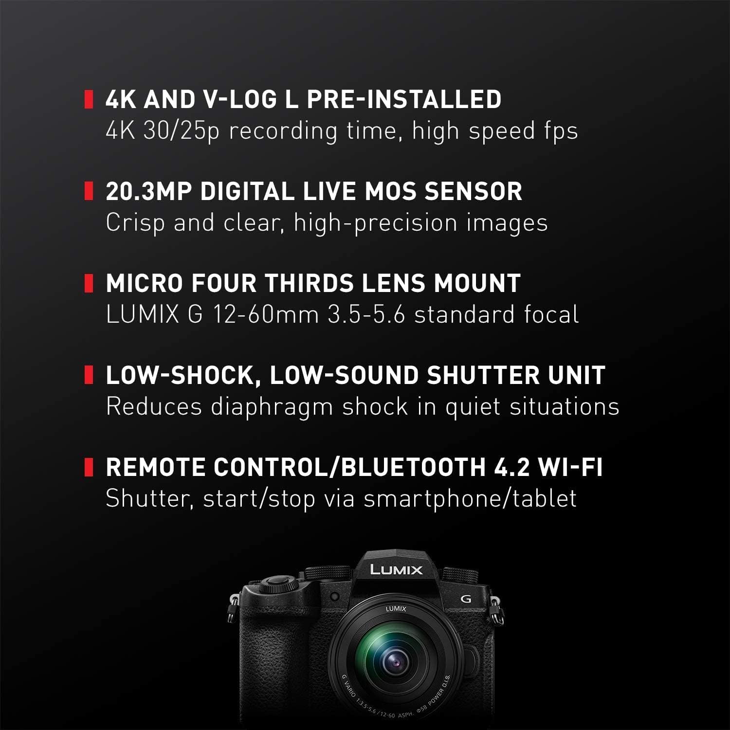 4K AND V-LOG L PRE-INSTALLED  
4K 30/25p recording time, high speed fps  

20.3MP DIGITAL LIVE MOS SENSOR  
Crisp and clear, high-precision images  

MICRO FOUR THIRDS LENS MOUNT  
LUMIX G 12-60mm 3.5-5.6 standard focal  

LOW-SHOCK, LOW-SOUND SHUTTER UNIT  
Reduces diaphragm shock in quiet situations  

REMOTE CONTROL/BLUETOOTH 4.2 WI-FI  
Shutter, start/stop via smartphone/tablet  

LUMIX G D1R VARIO POWER EaS-SA 12-40 ASPA 018