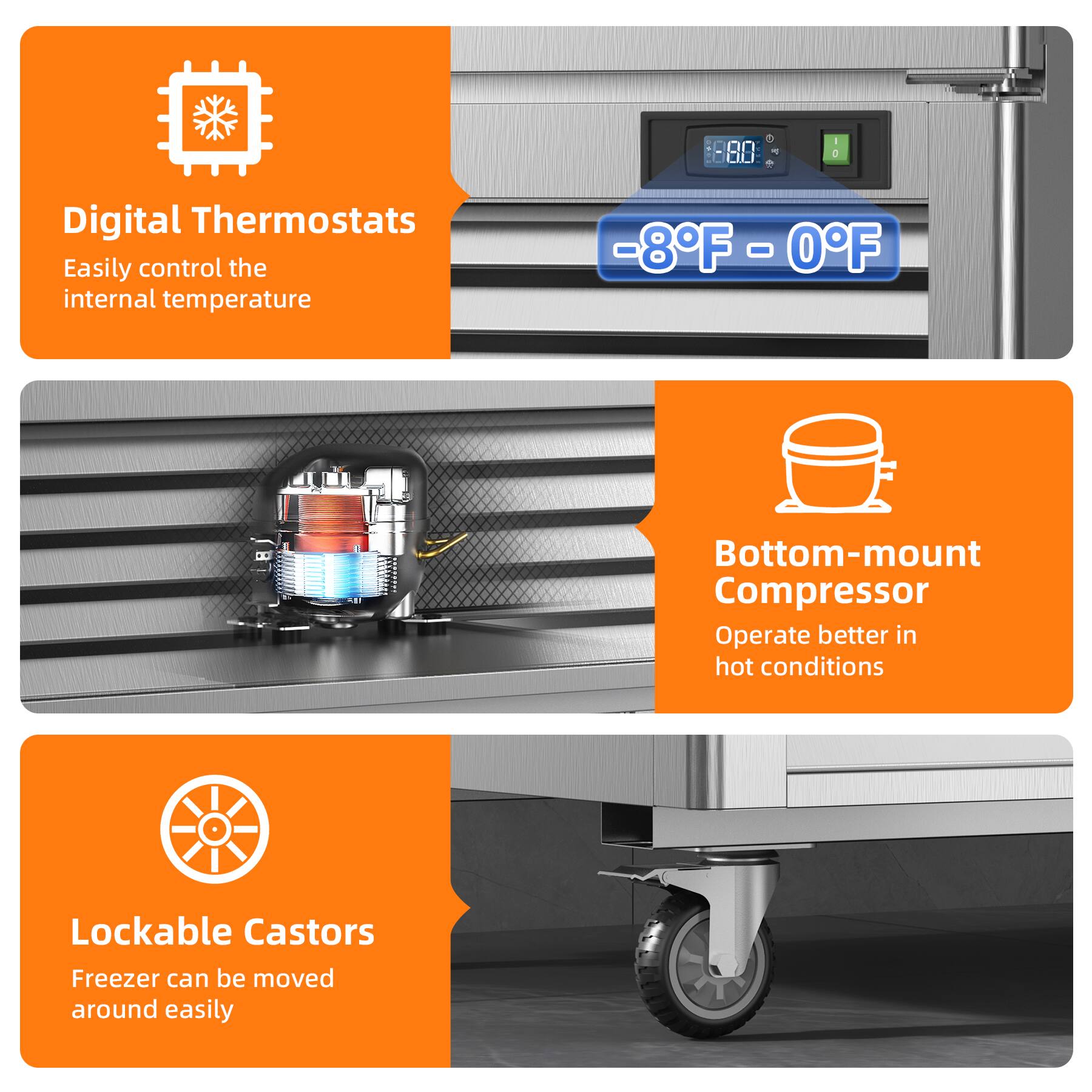 - Digital Thermostats  
  Easily control the internal temperature

- -8°F - 0°F

- Bottom-mount Compressor  
  Operate better in hot conditions

- Lockable Castors  
  Freezer can be moved around easily