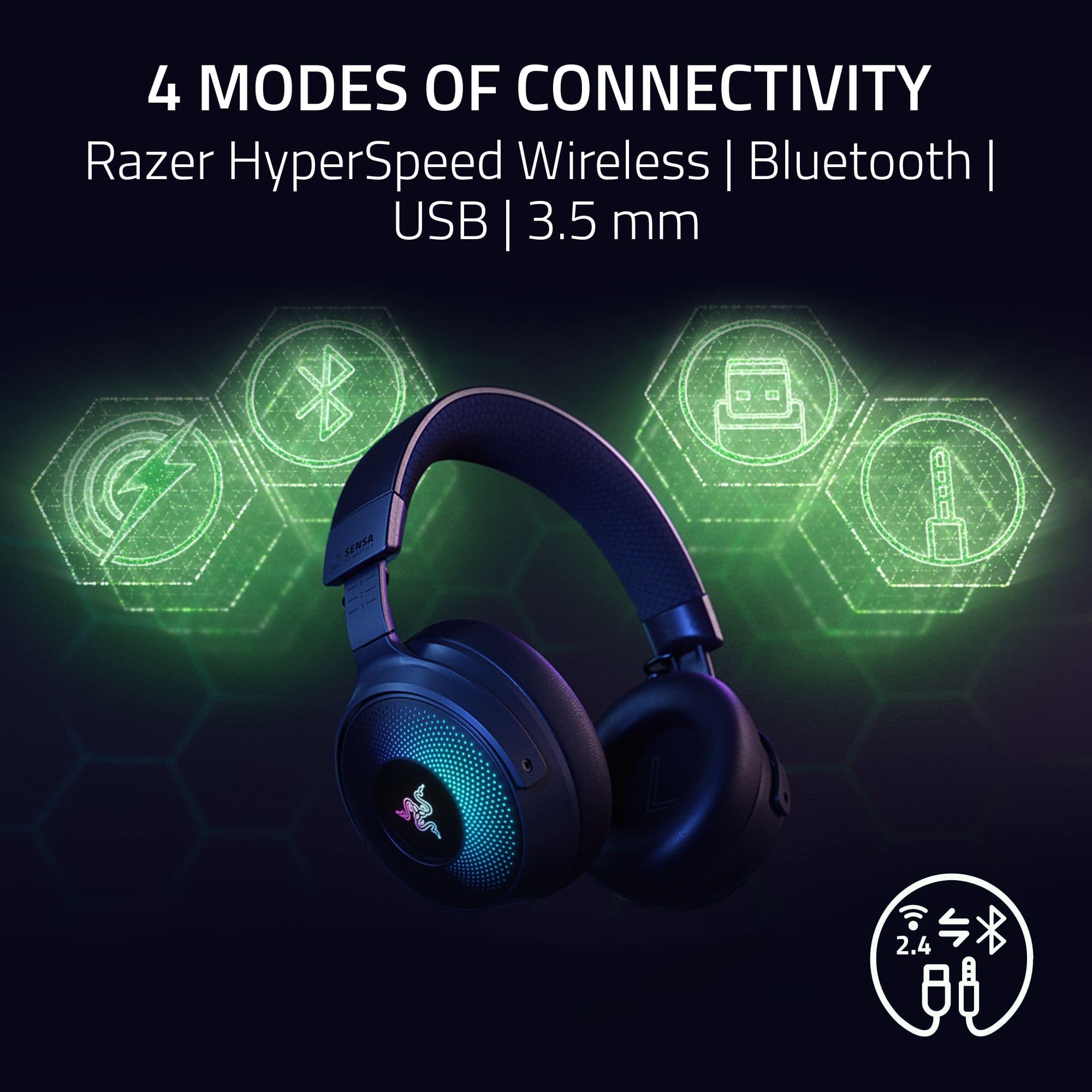 4 Modes of Connectivity: Razer HyperSpeed Wireless | Bluetooth | USB | 3.5 mm