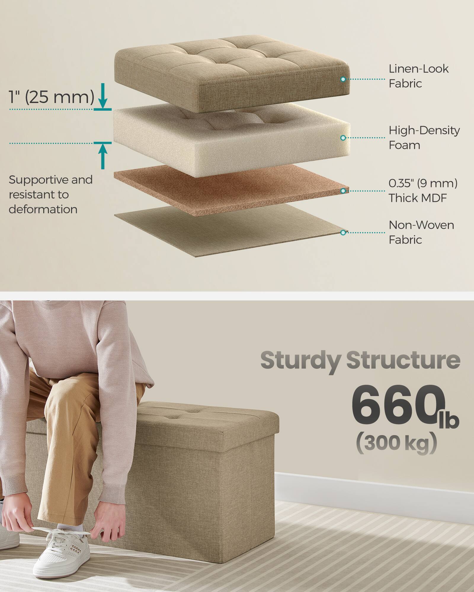 1" (25 mm) Linen-Look Fabric  
Supportive and resistant to deformation  

High-Density Foam  

0.35" (9 mm) Thick MDF  
Non-Woven Fabric  

Sturdy Structure  
660 lb (300 kg)