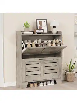 GARVEE - Shoe Cabinet Storage For Entryway Narrow Shoe Cabinet With 2 Flip Drawers Freestanding Hidden Slim Shoe Organizer - Gray